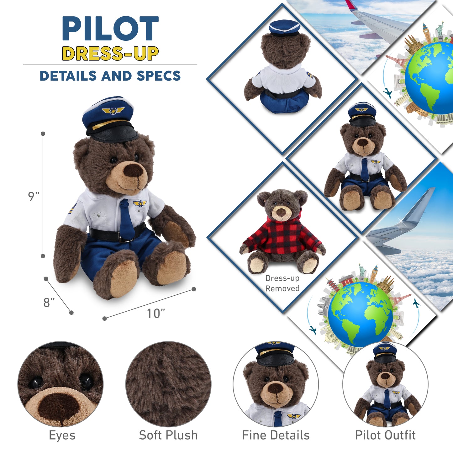 SUPER SOFT PLUSH WITH RED PLAID HOODIE - BROWN BEAR WITH PILOT DRESS UP