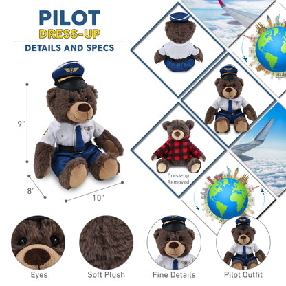 SUPER SOFT PLUSH WITH RED PLAID HOODIE - BROWN BEAR WITH PILOT DRESS UP