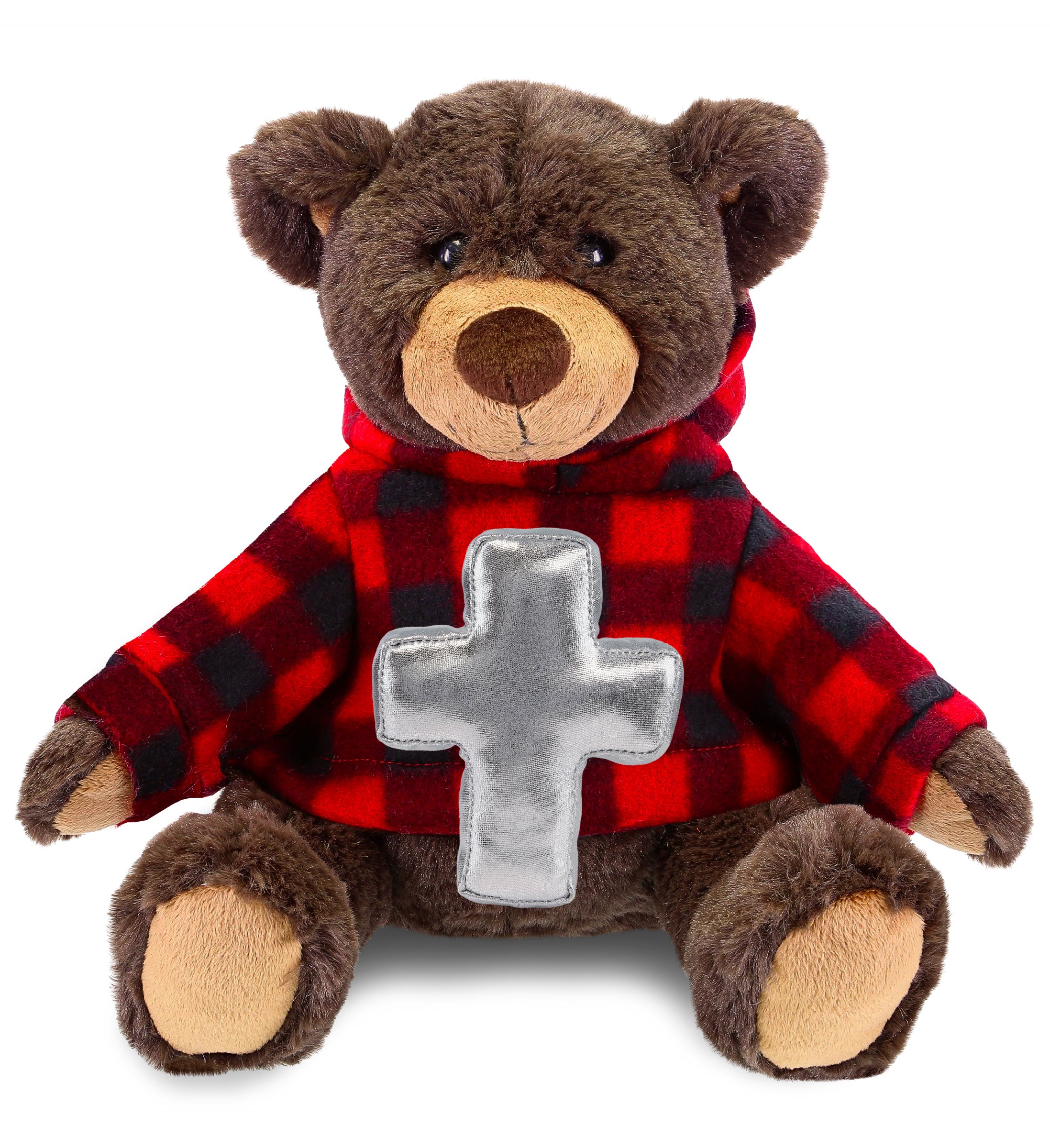 PLUSH CROSS - SUPER SOFT PLUSH WITH RED PLAID HOODIE - BROWN BEAR