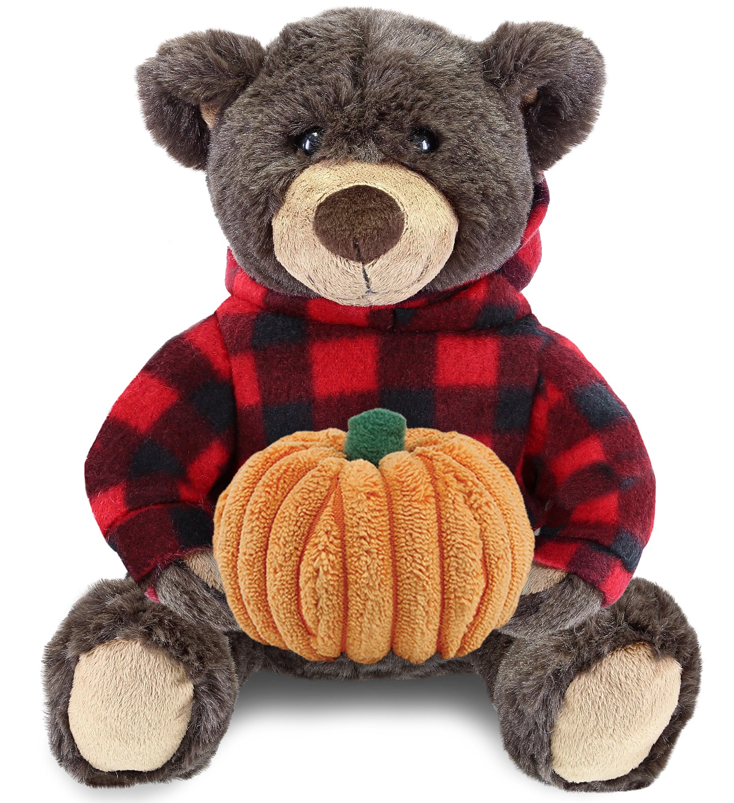 PLUSH PUMPKIN - SUPER SOFT PLUSH WITH RED PLAID HOODIE - BROWN BEAR