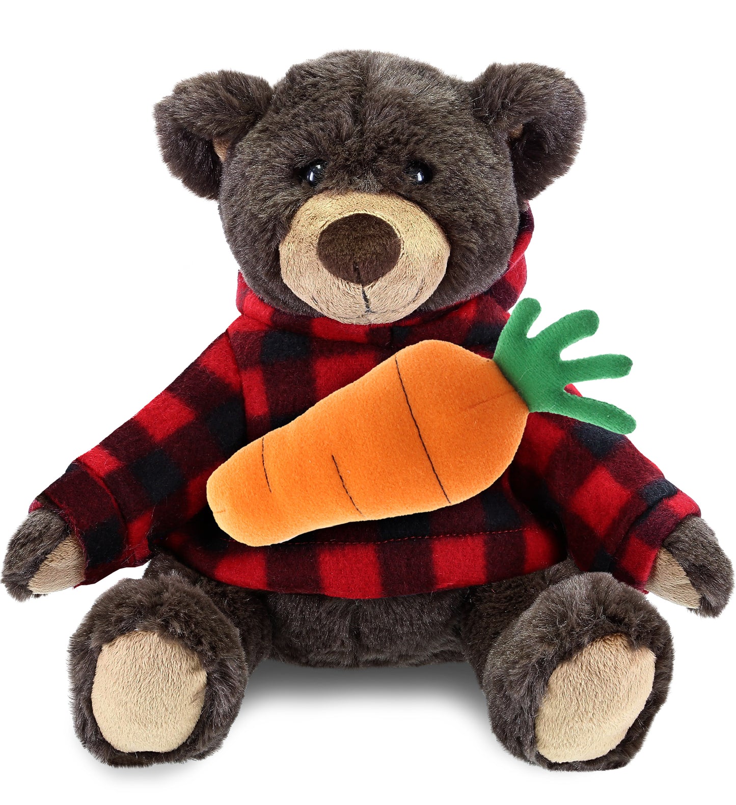 PLUSH CARROT - SUPER SOFT PLUSH WITH RED PLAID HOODIE - BROWN BEAR
