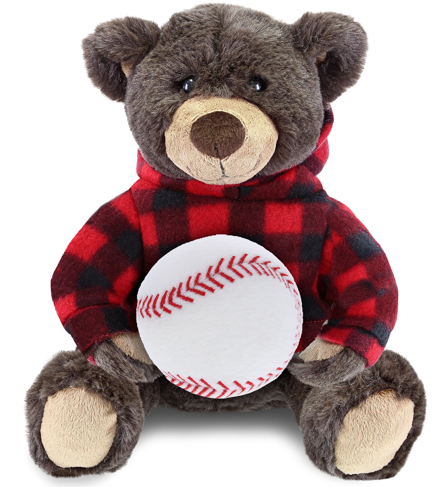 PLUSH BASEBALL - SUPER SOFT PLUSH WITH RED PLAID HOODIE - BROWN BEAR