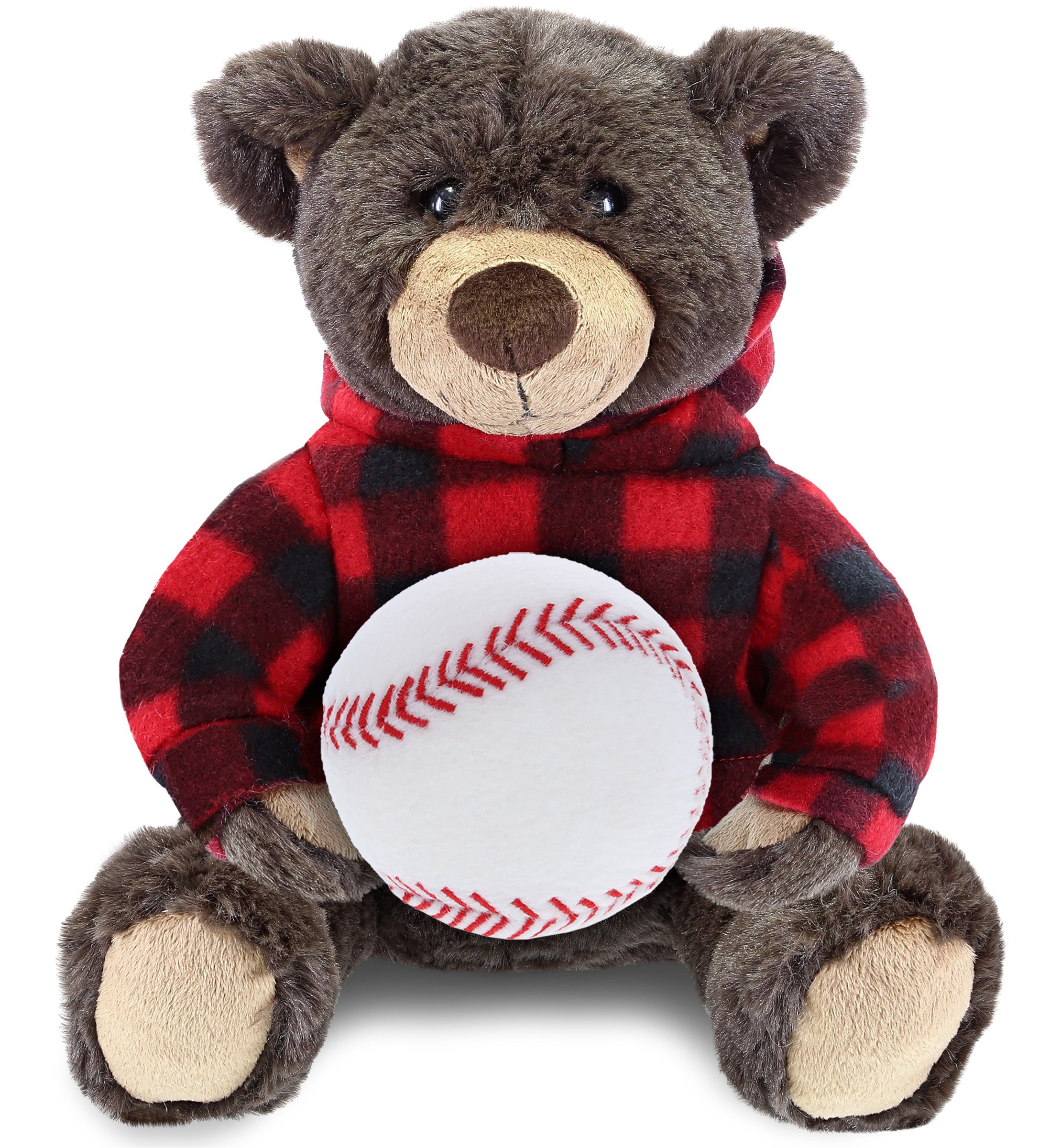 PLUSH BASEBALL - SUPER SOFT PLUSH WITH RED PLAID HOODIE - BROWN BEAR