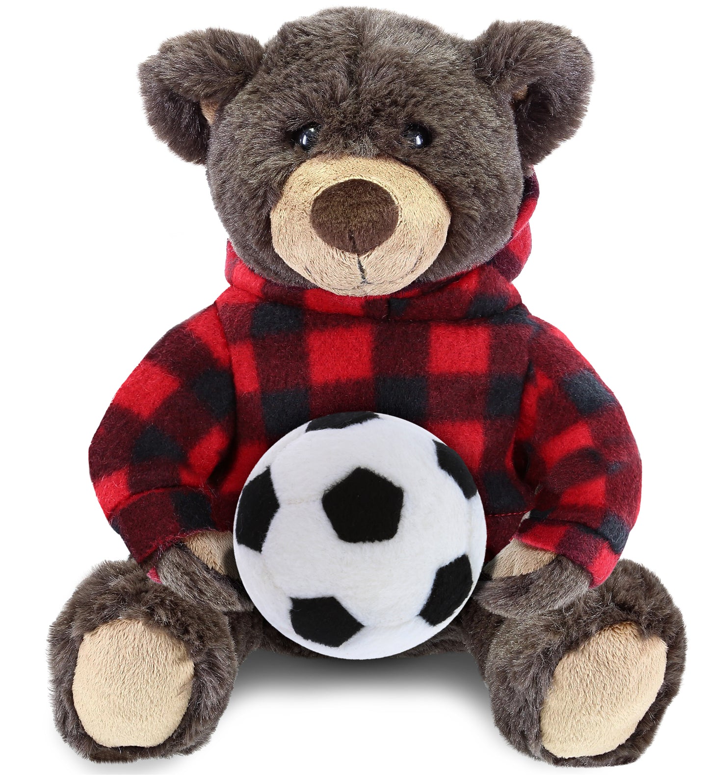 PLUSH SOCCER BALL - SUPER SOFT PLUSH WITH RED PLAID HOODIE - BROWN BEAR