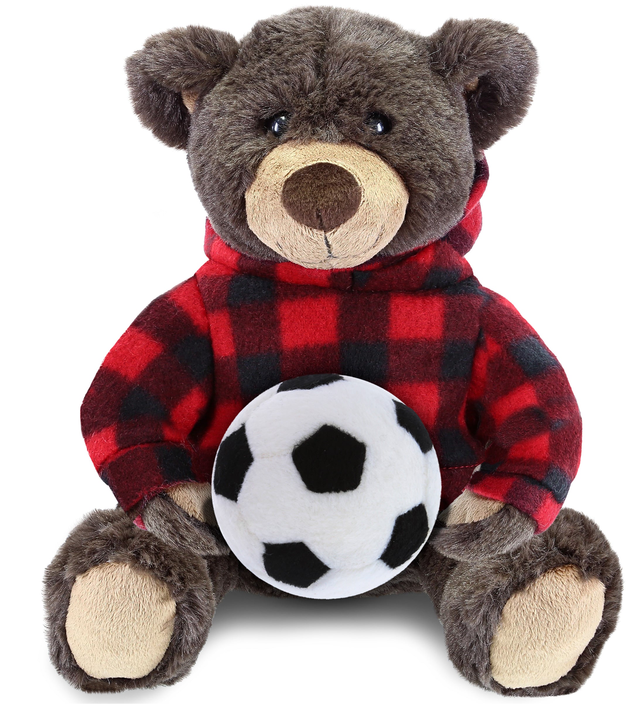 PLUSH SOCCER BALL - SUPER SOFT PLUSH WITH RED PLAID HOODIE - BROWN BEAR