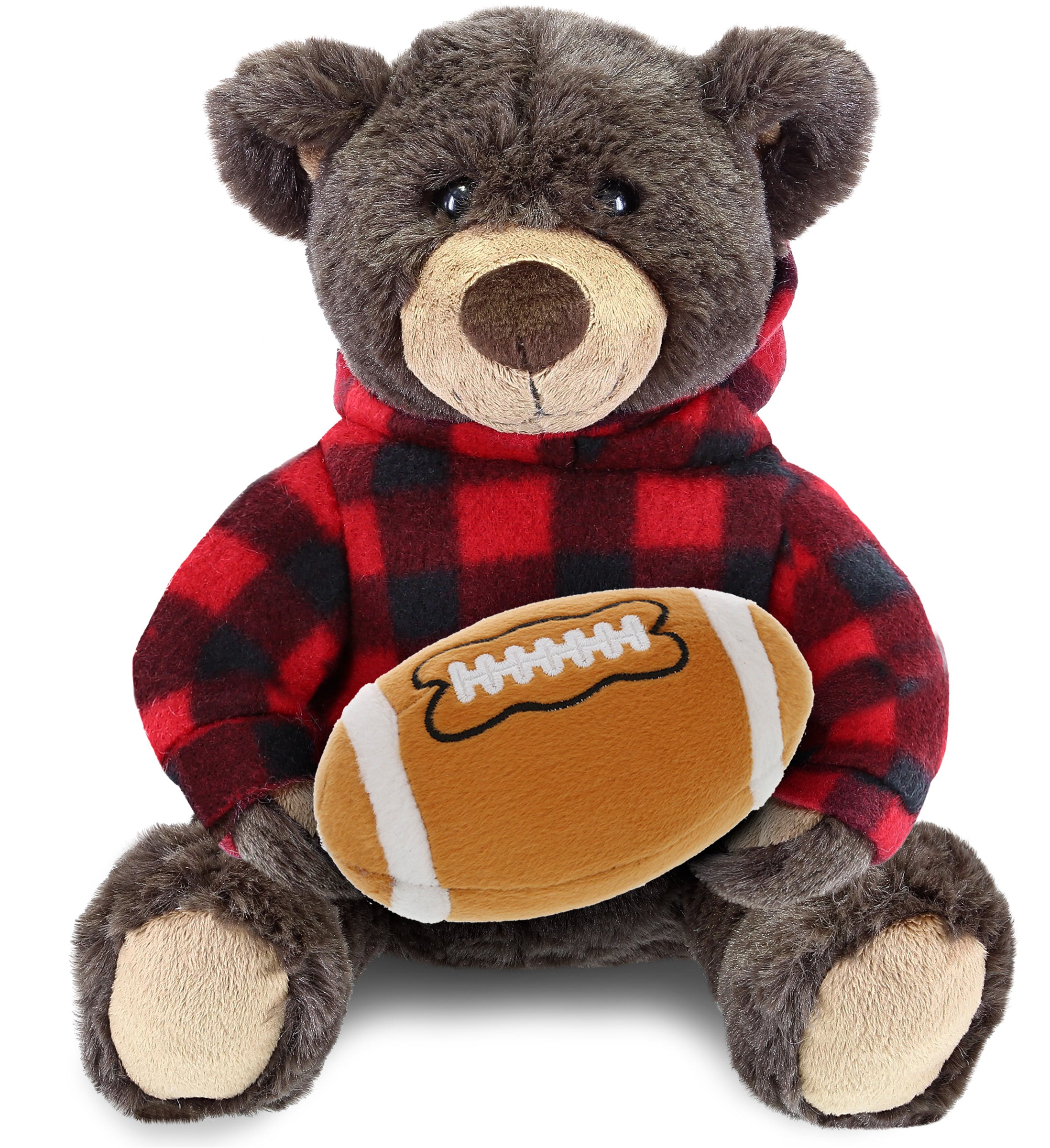 PLUSH FOOTBALL - SUPER SOFT PLUSH WITH RED PLAID HOODIE - BROWN BEAR