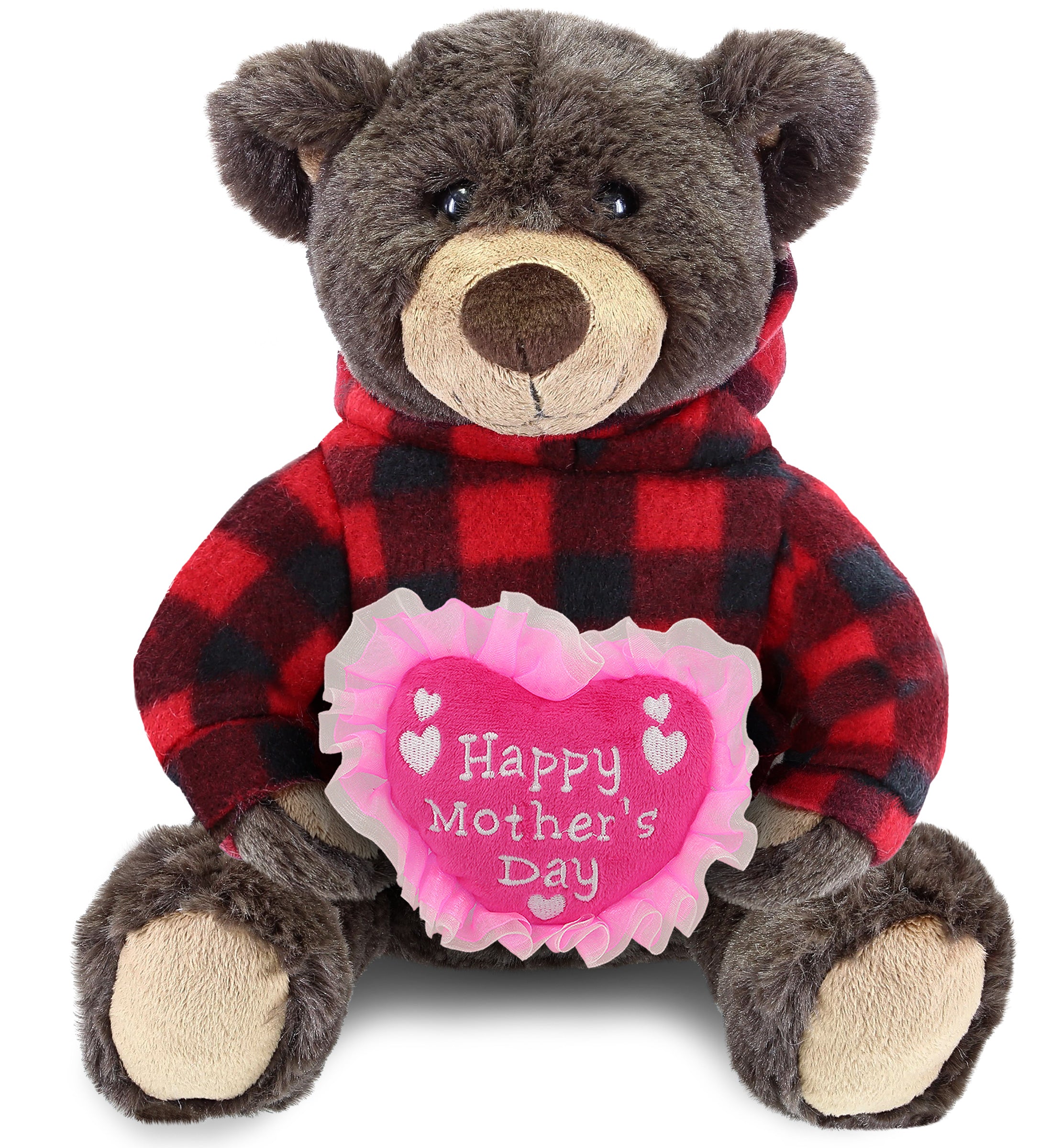 PLUSH MOTHERS DAY HEART - SUPER SOFT PLUSH WITH RED PLAID HOODIE - BROWN BEAR