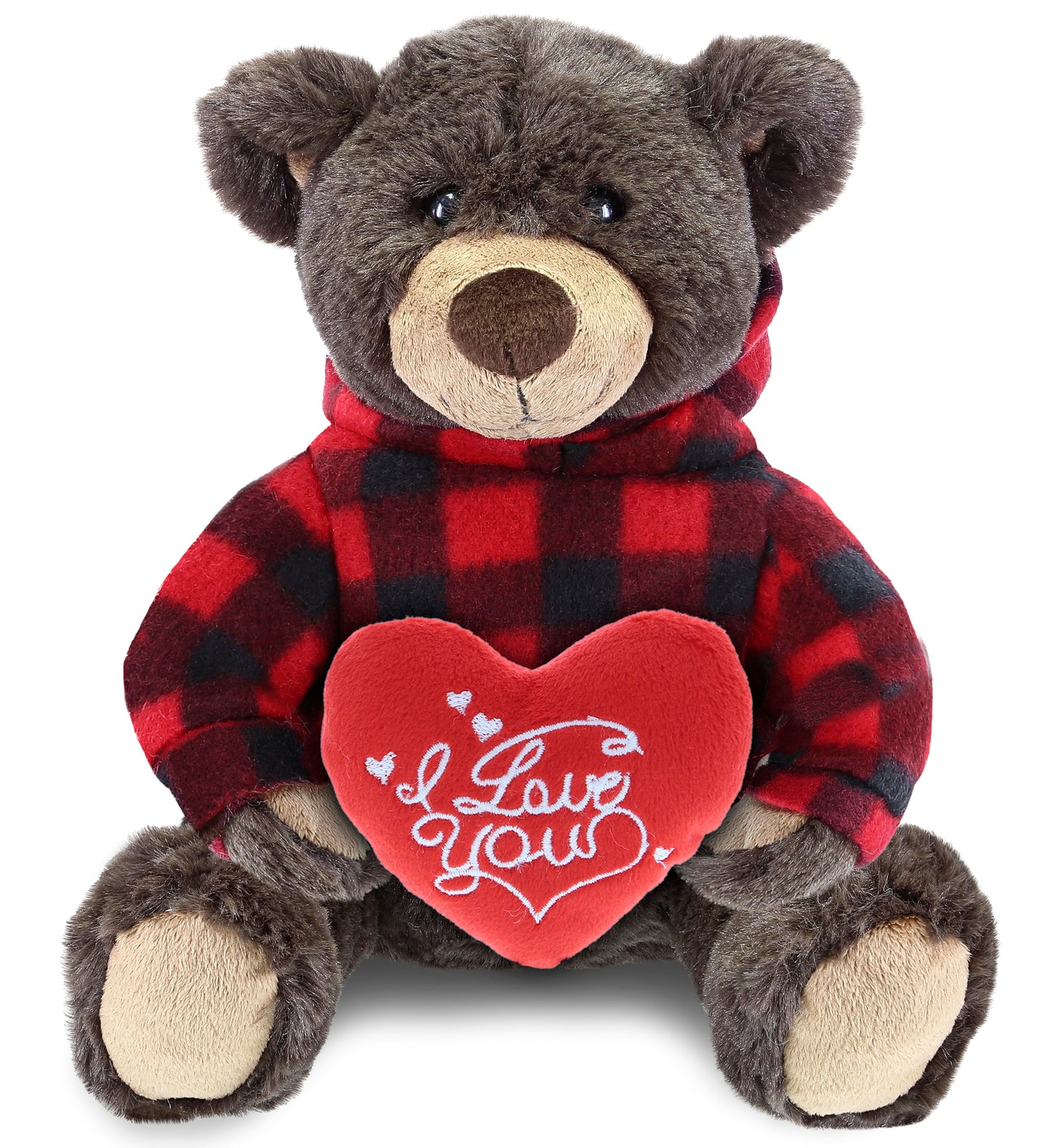 PLUSH I LOVE YOU RED HEART - SUPER SOFT PLUSH WITH RED PLAID HOODIE - BROWN BEAR