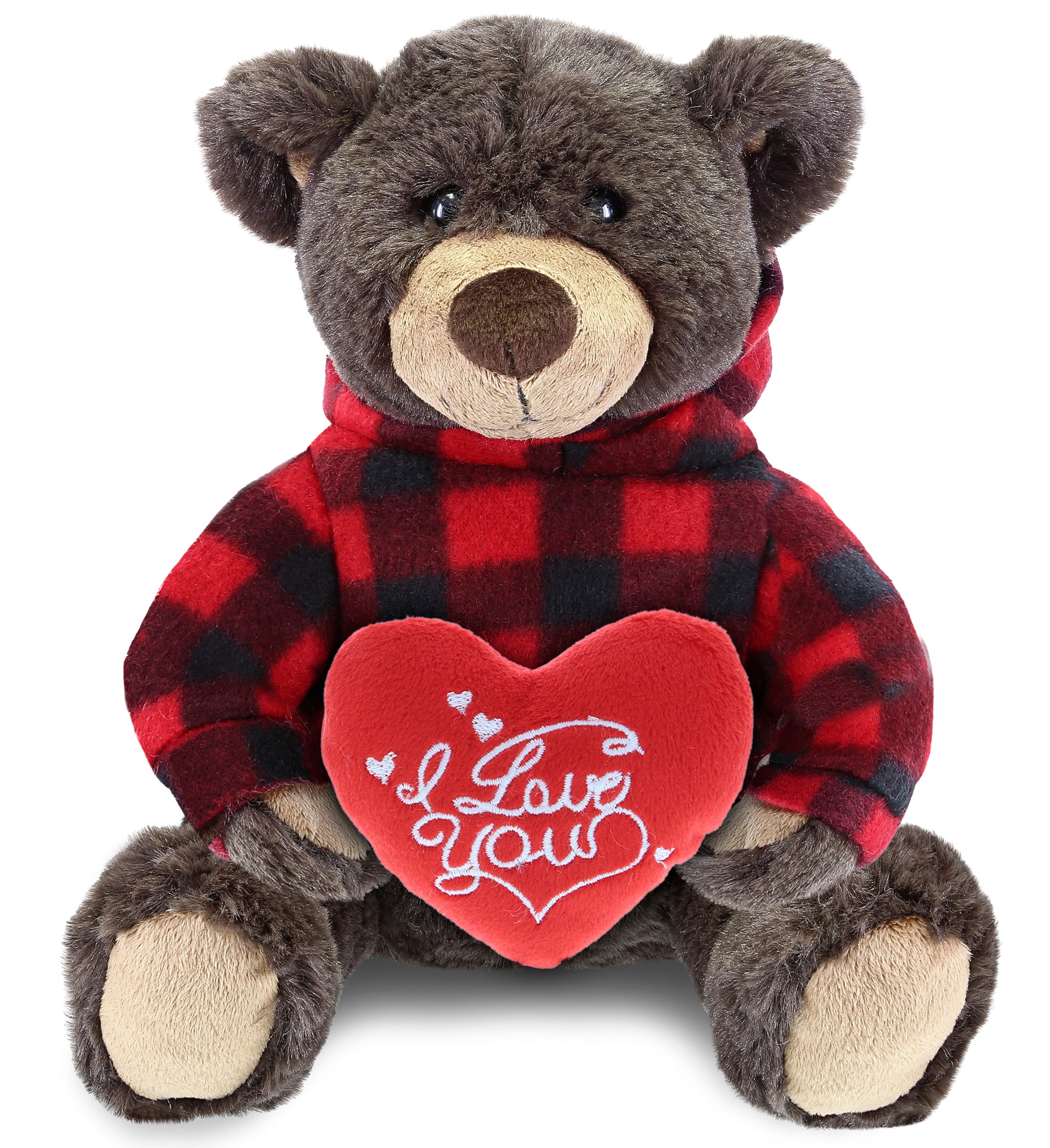 PLUSH I LOVE YOU RED HEART - SUPER SOFT PLUSH WITH RED PLAID HOODIE - BROWN BEAR