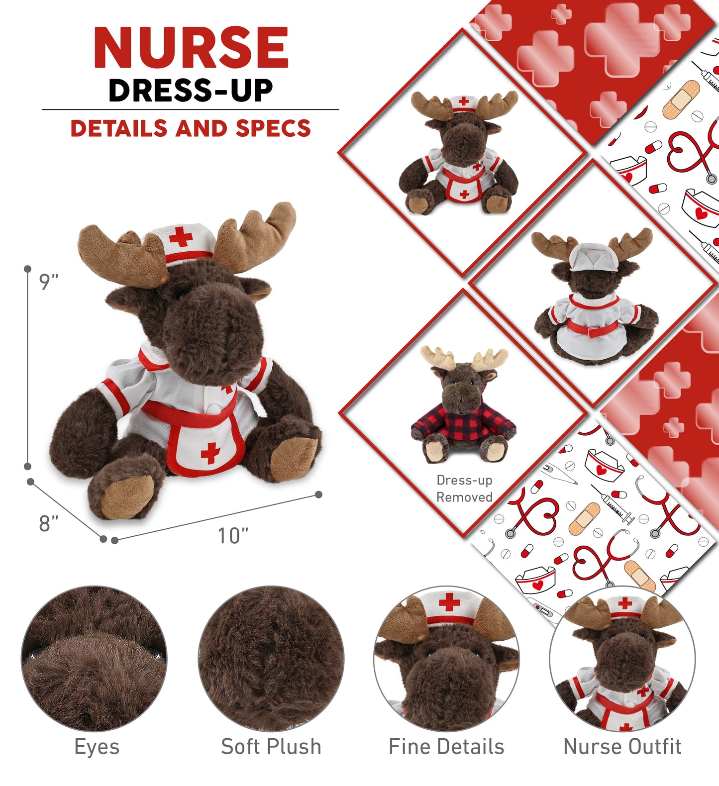 SUPER SOFT PLUSH WITH RED PLAID HOODIE - MOOSE With NURSE Dress-Up