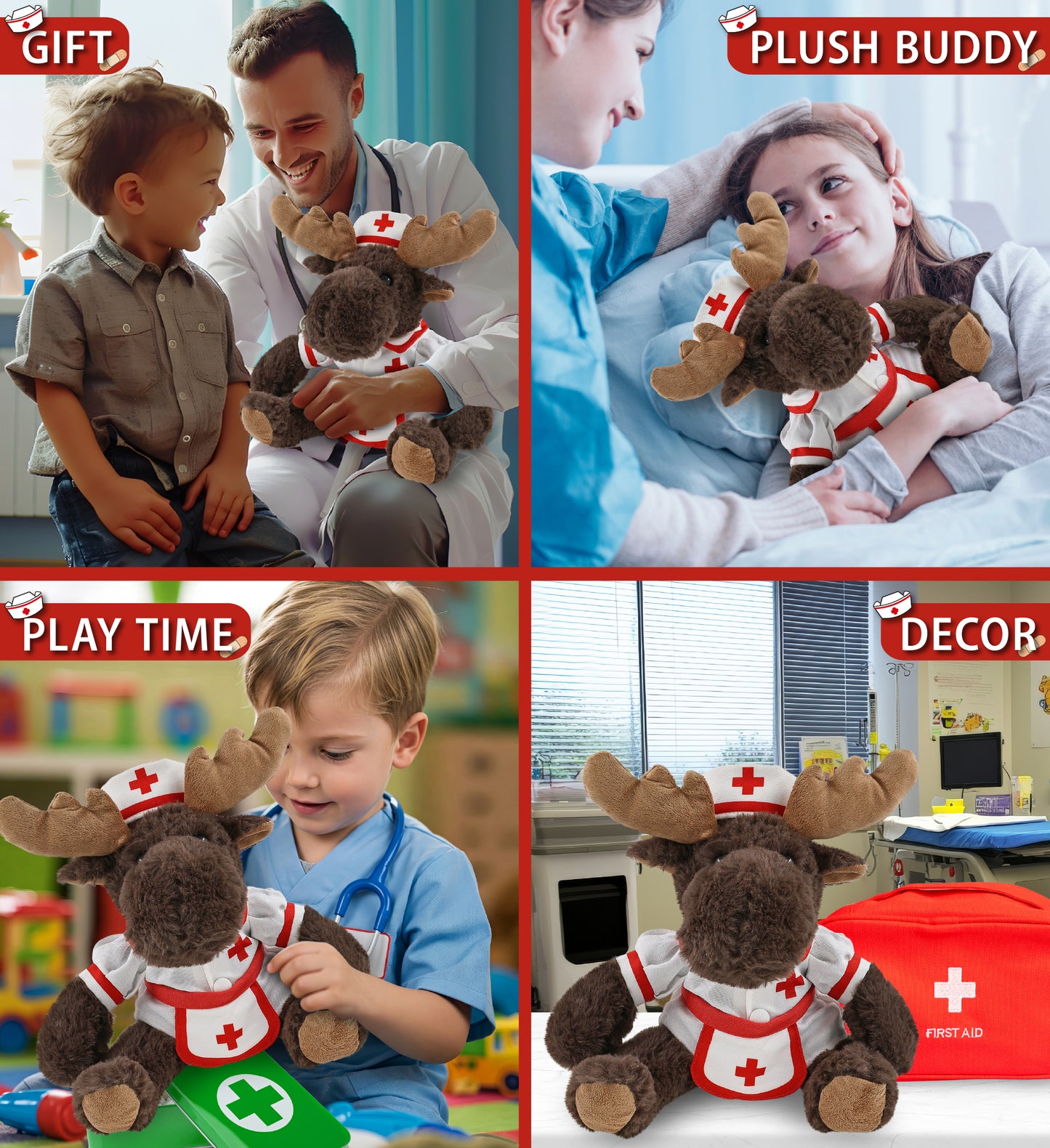 SUPER SOFT PLUSH WITH RED PLAID HOODIE - MOOSE With NURSE Dress-Up
