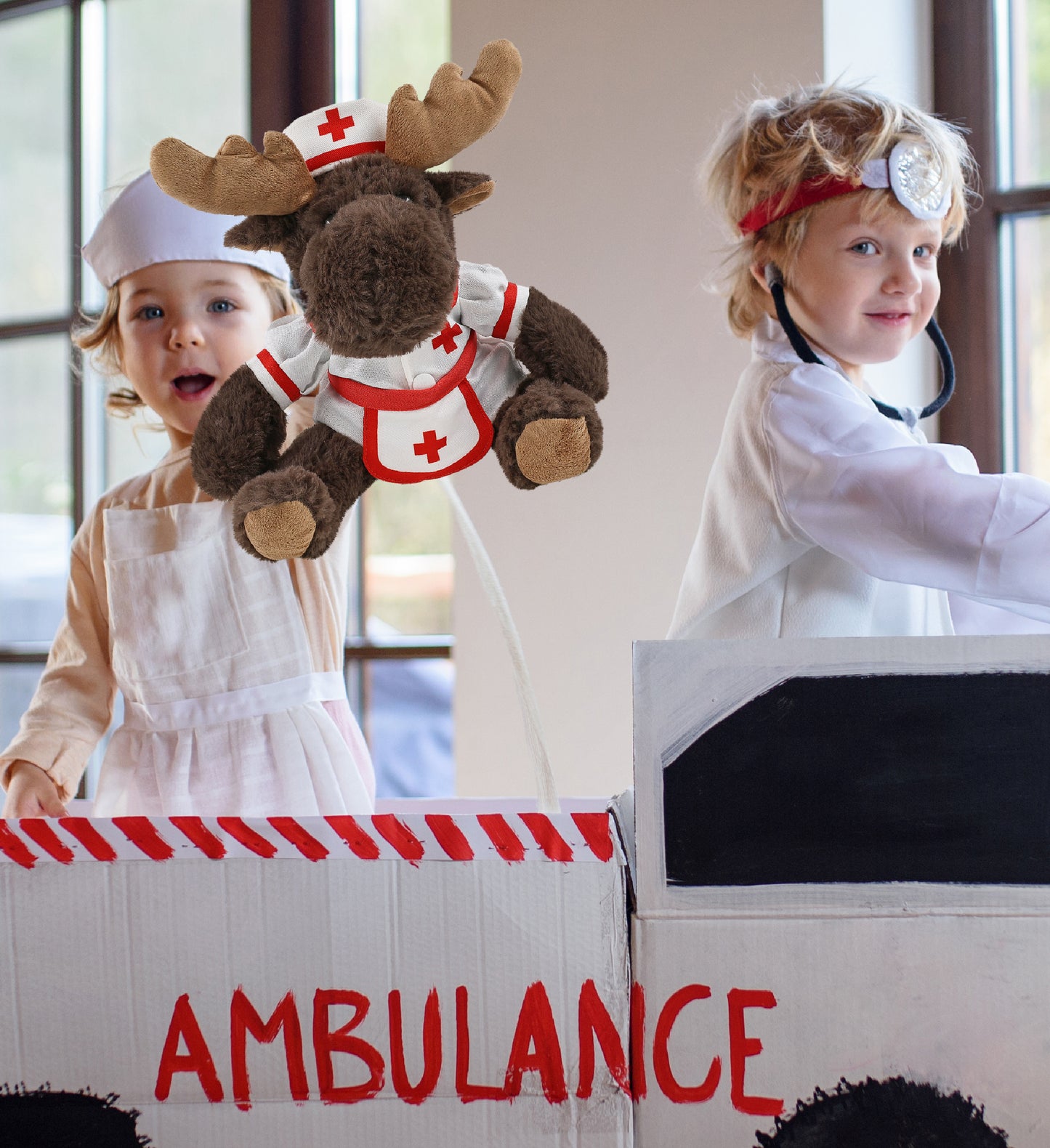 SUPER SOFT PLUSH WITH RED PLAID HOODIE - MOOSE With NURSE Dress-Up