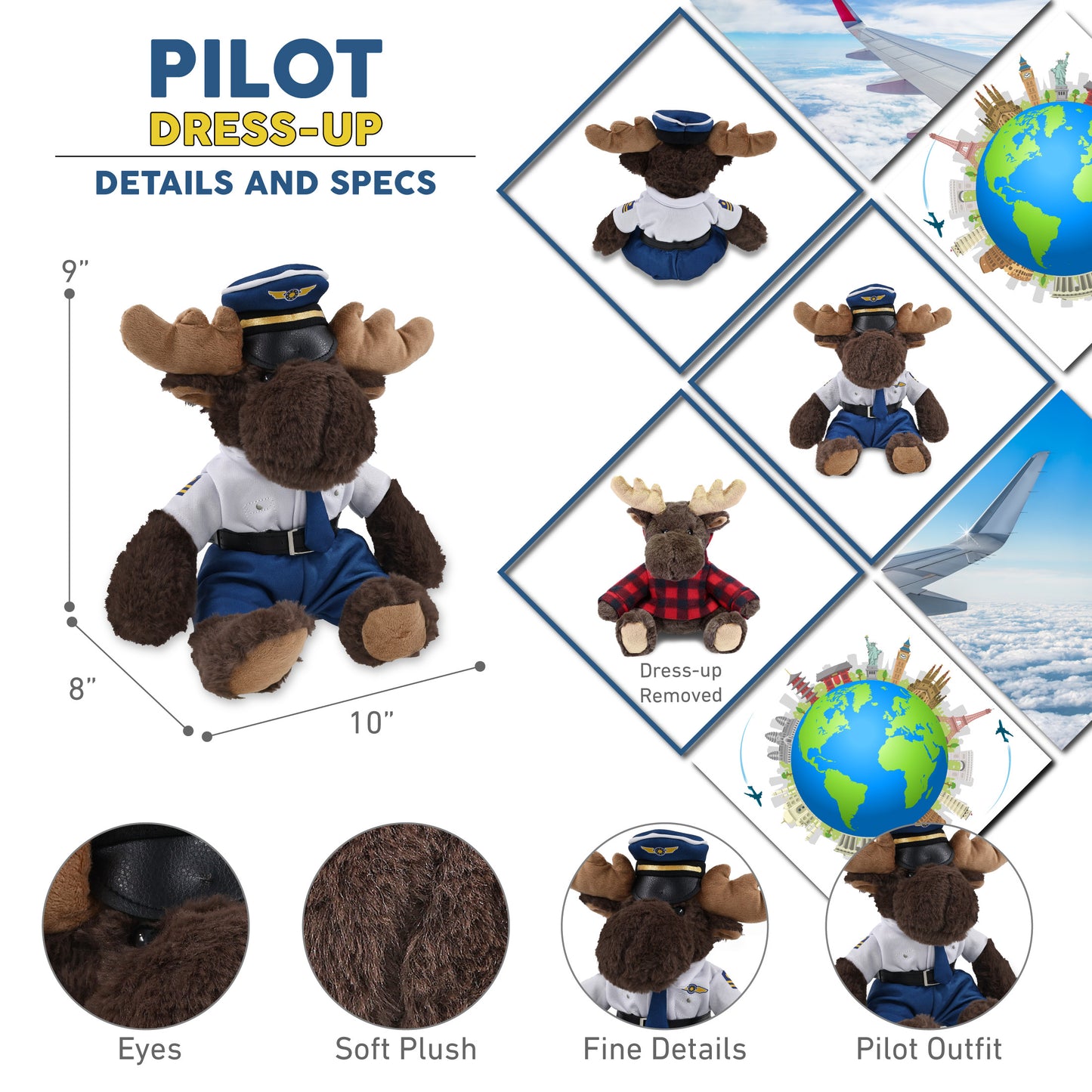 SUPER SOFT PLUSH WITH RED PLAID HOODIE - MOOSE WITH PILOT DRESS UP