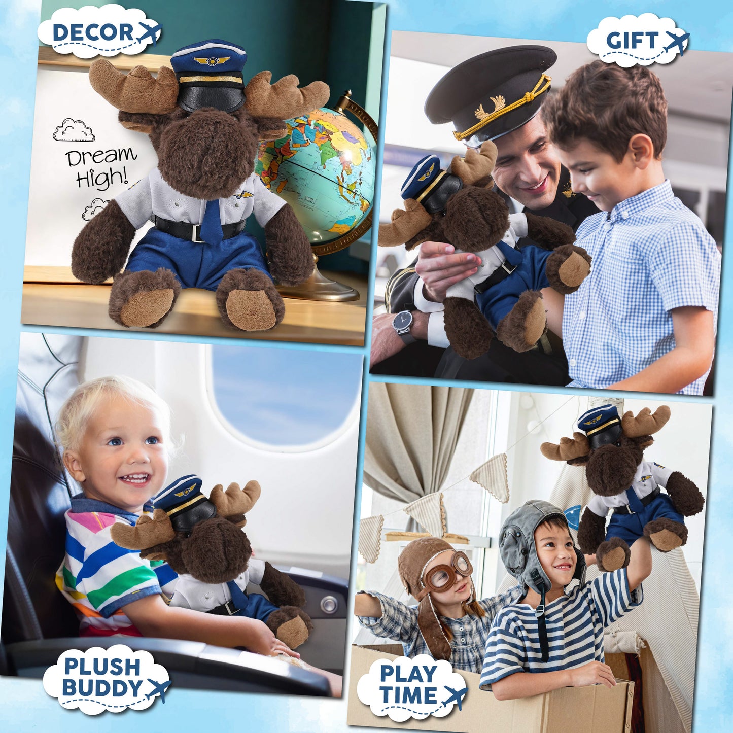 SUPER SOFT PLUSH WITH RED PLAID HOODIE - MOOSE WITH PILOT DRESS UP