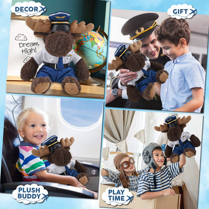 SUPER SOFT PLUSH WITH RED PLAID HOODIE - MOOSE WITH PILOT DRESS UP