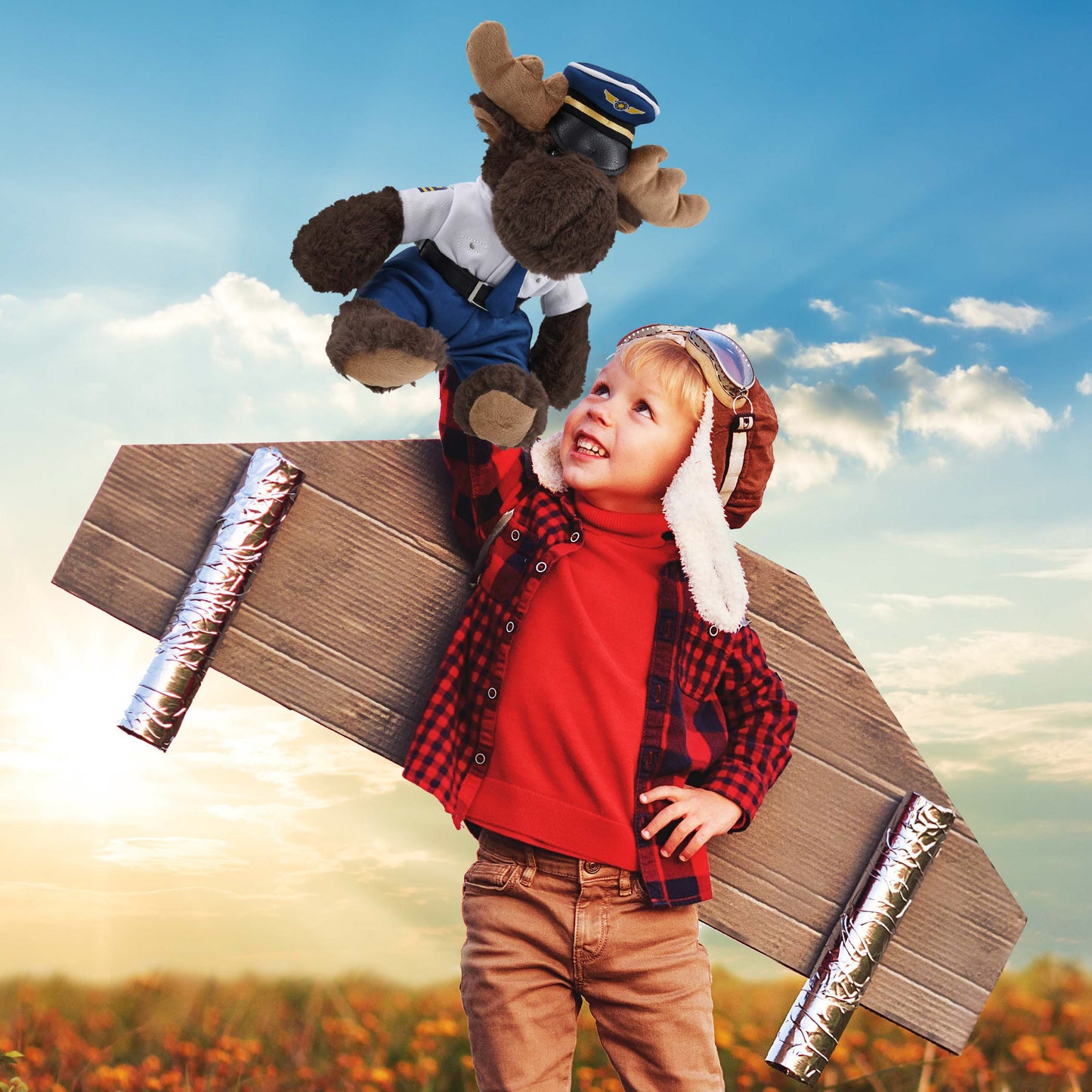 SUPER SOFT PLUSH WITH RED PLAID HOODIE - MOOSE WITH PILOT DRESS UP