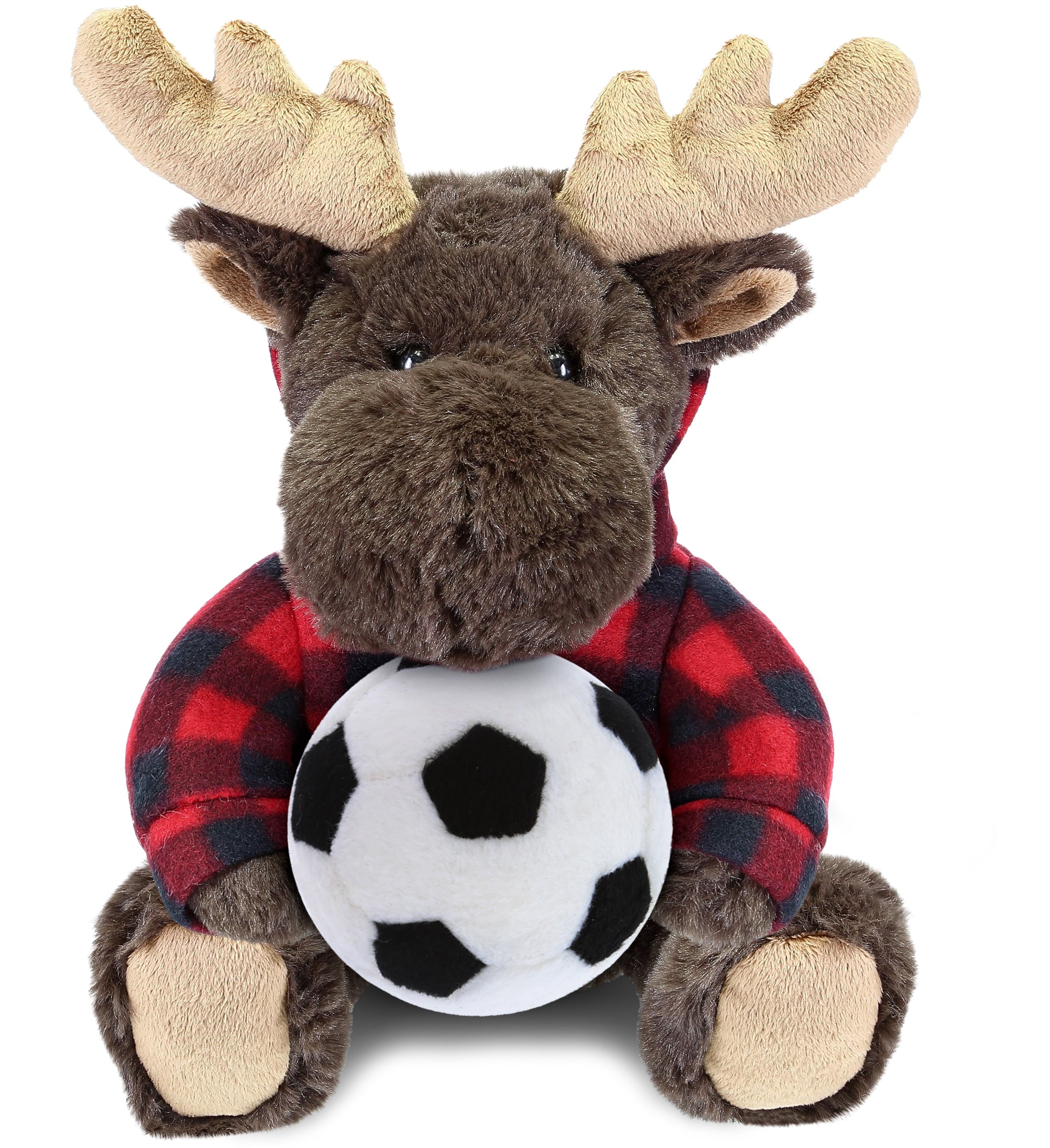 PLUSH SOCCER BALL - SUPER SOFT PLUSH WITH RED PLAID HOODIE - MOOSE