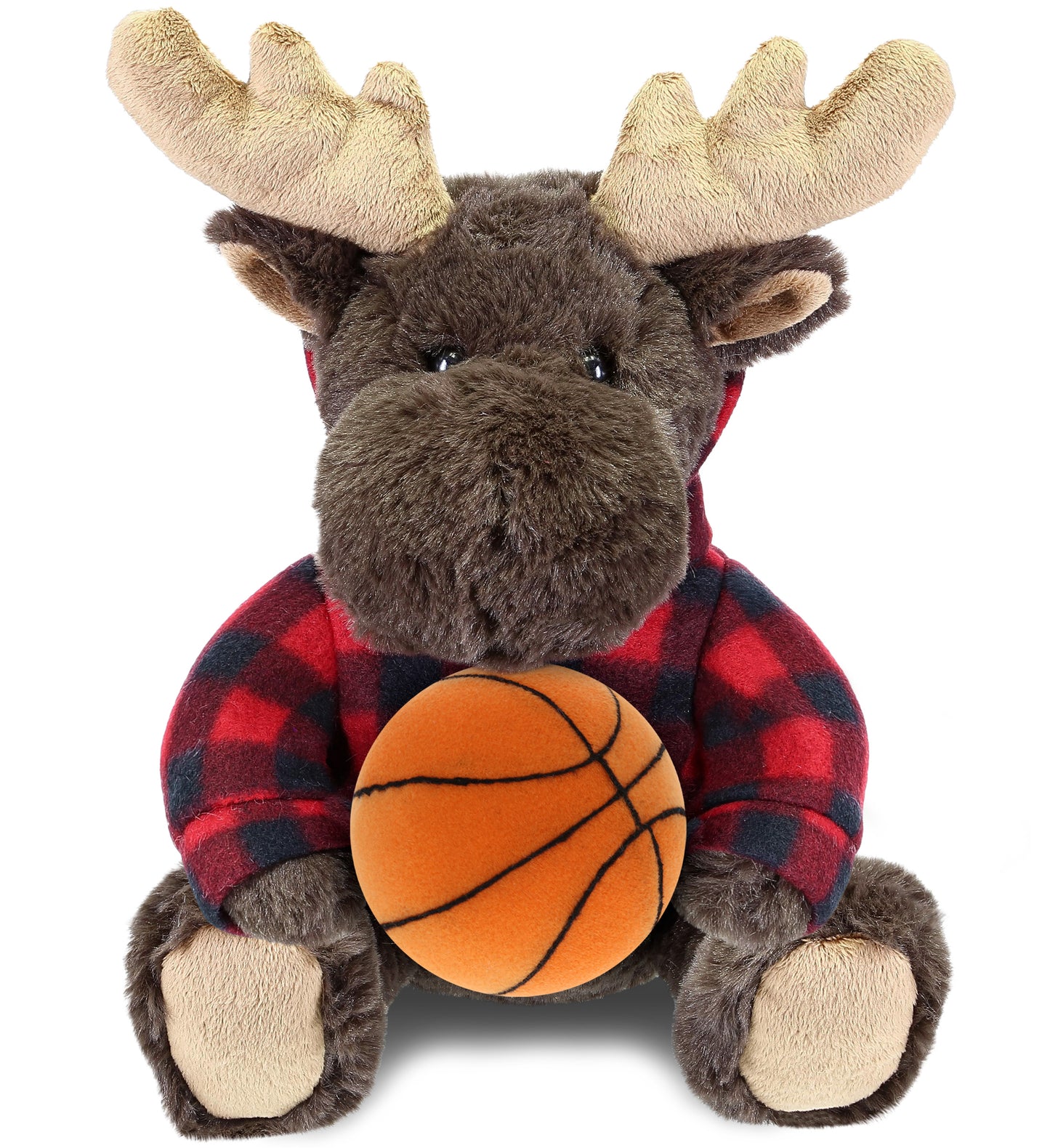 PLUSH BASKETBALL - SUPER SOFT PLUSH WITH RED PLAID HOODIE - MOOSE