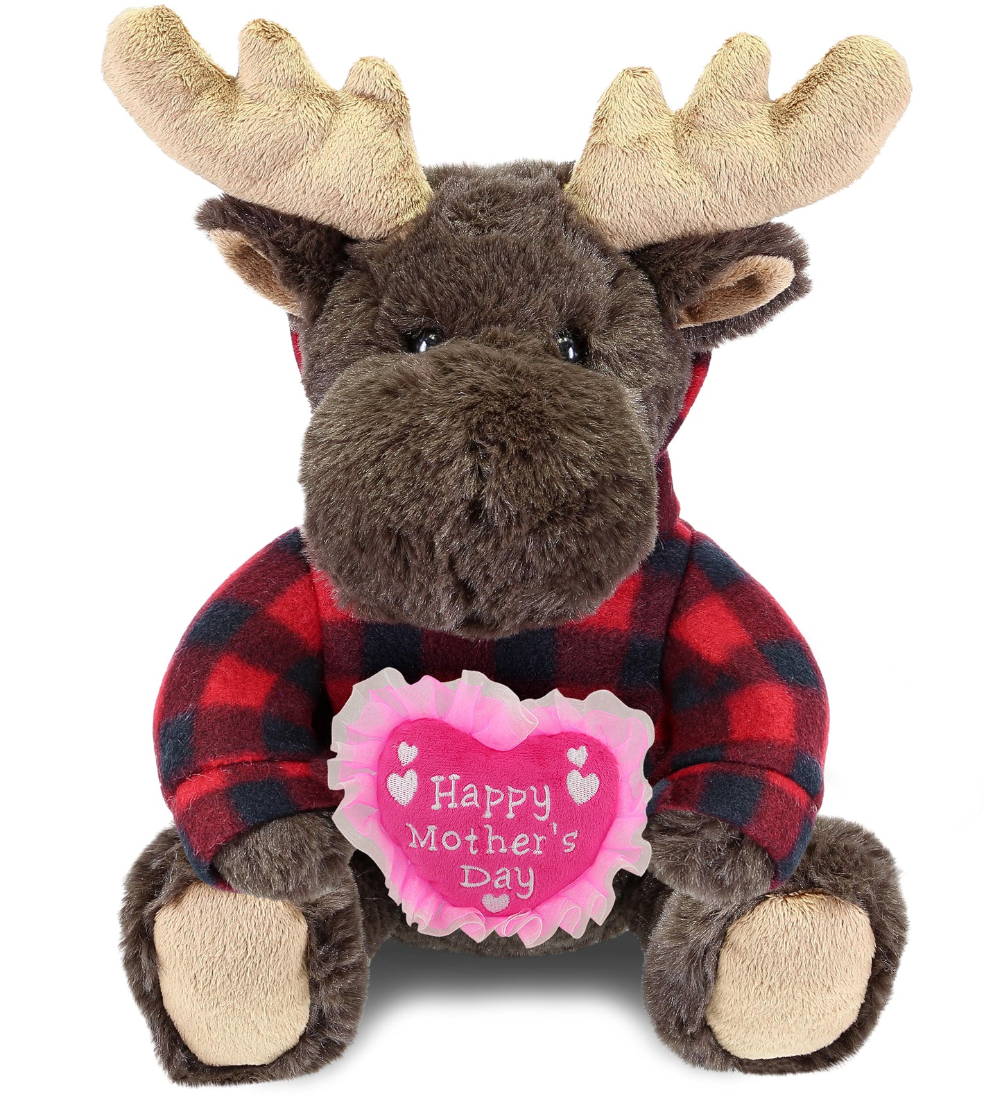 PLUSH MOTHERS DAY HEART - SUPER SOFT PLUSH WITH RED PLAID HOODIE - MOOSE