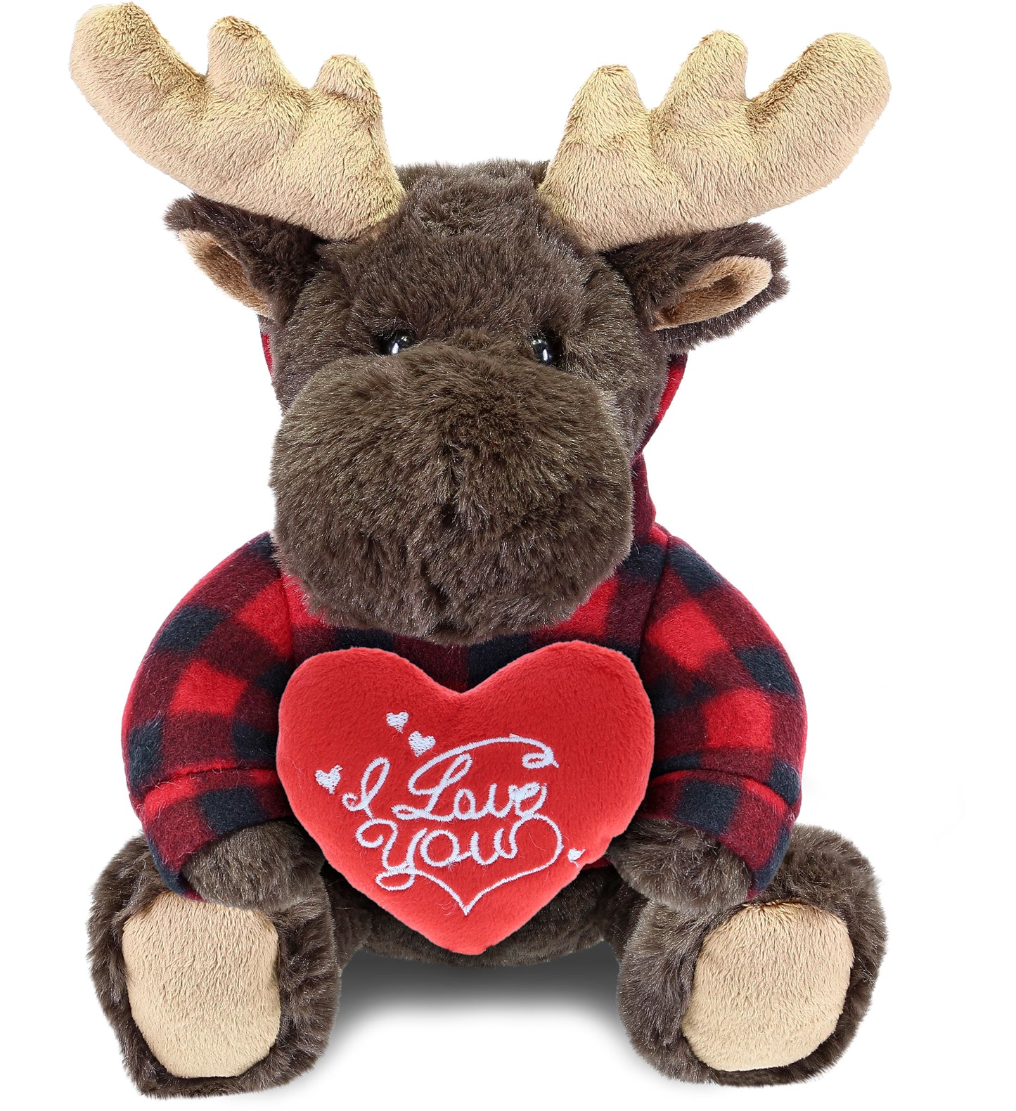 PLUSH I LOVE YOU RED HEART - SUPER SOFT PLUSH WITH RED PLAID HOODIE - MOOSE