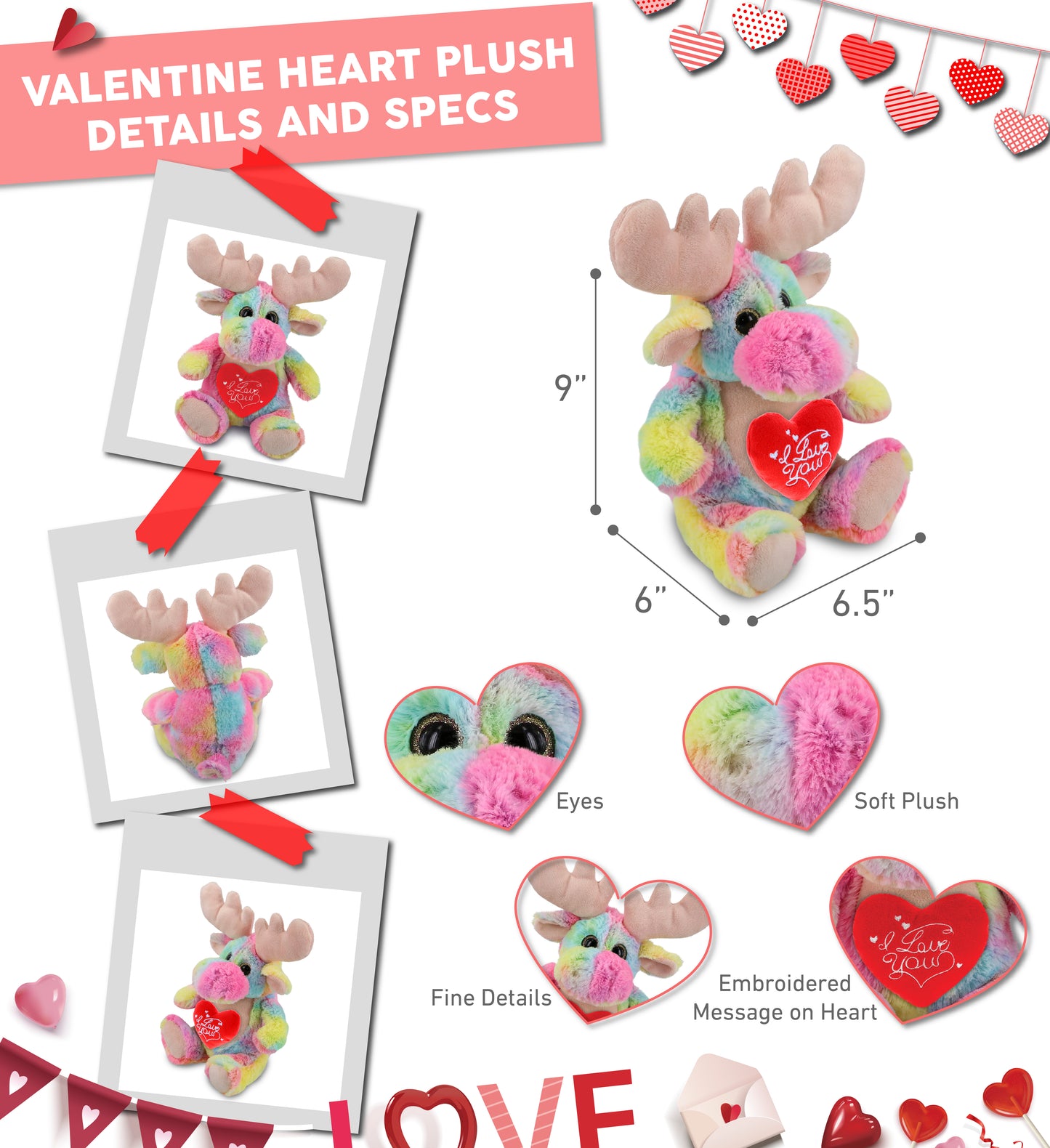 PLUSH I LOVE YOU RED HEART - SUPER-SOFT PLUSH - RAINBOW MOOSE 9"