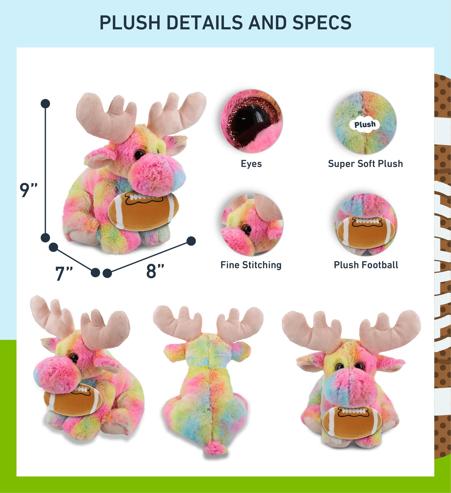 SUPER-SOFT PLUSH - RAINBOW FLOPPY MOOSE 9" WITH FOOTBALL PLUSH