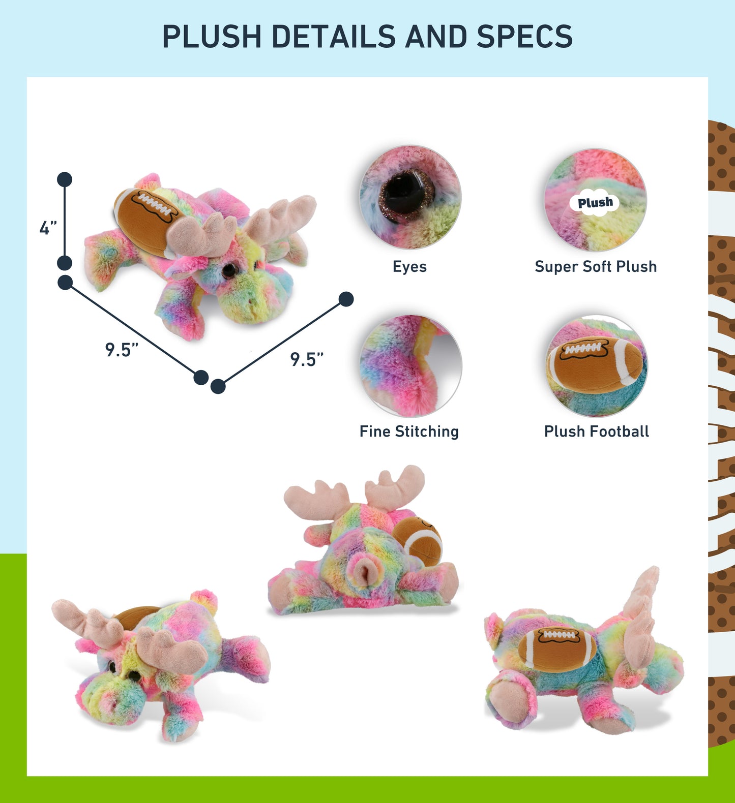 SUPER-SOFT PLUSH - RAINBOW LYING MOOSE 9.5" WITH FOOTBALL PLUSH