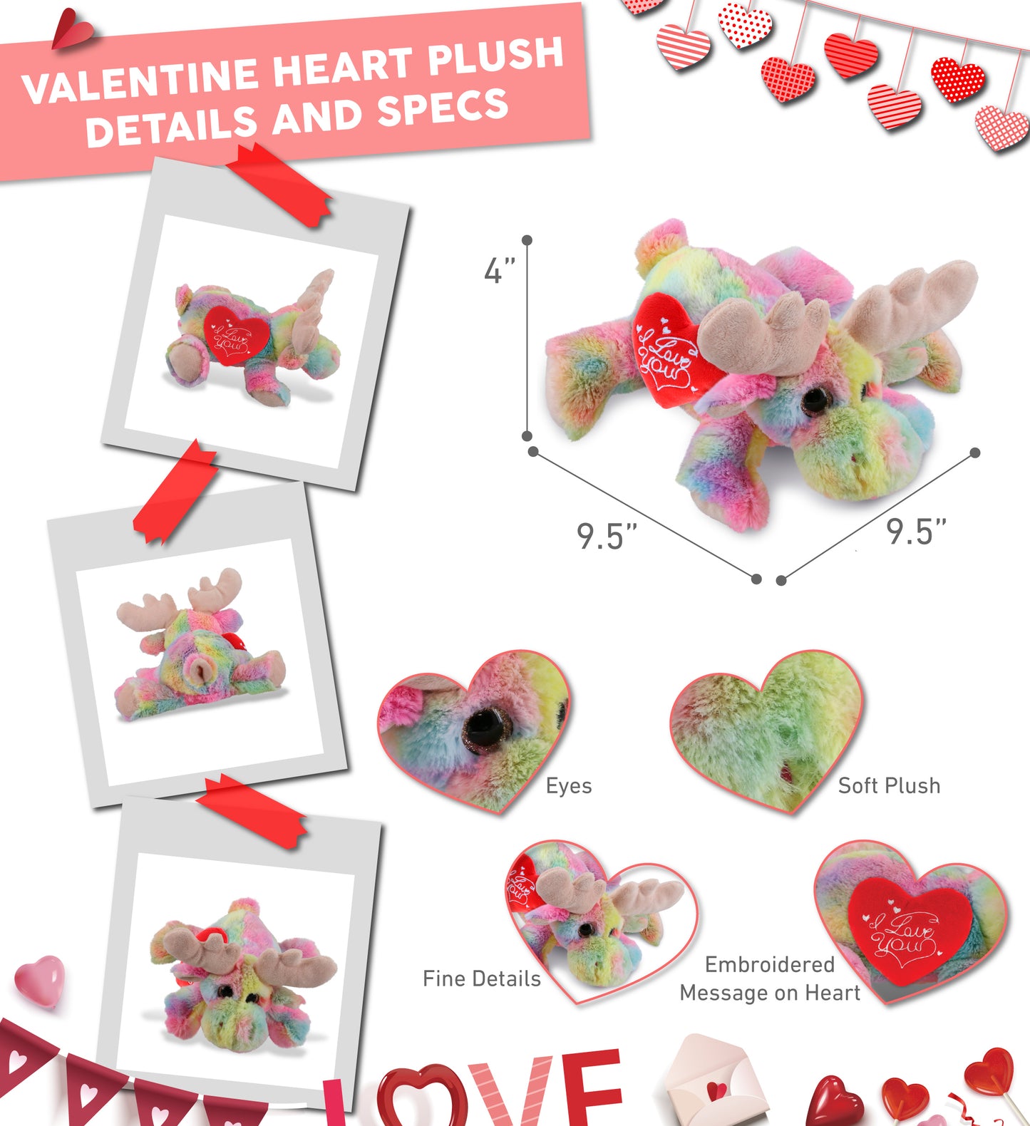 PLUSH I LOVE YOU RED HEART - SUPER-SOFT PLUSH - RAINBOW LYING MOOSE 9.5"