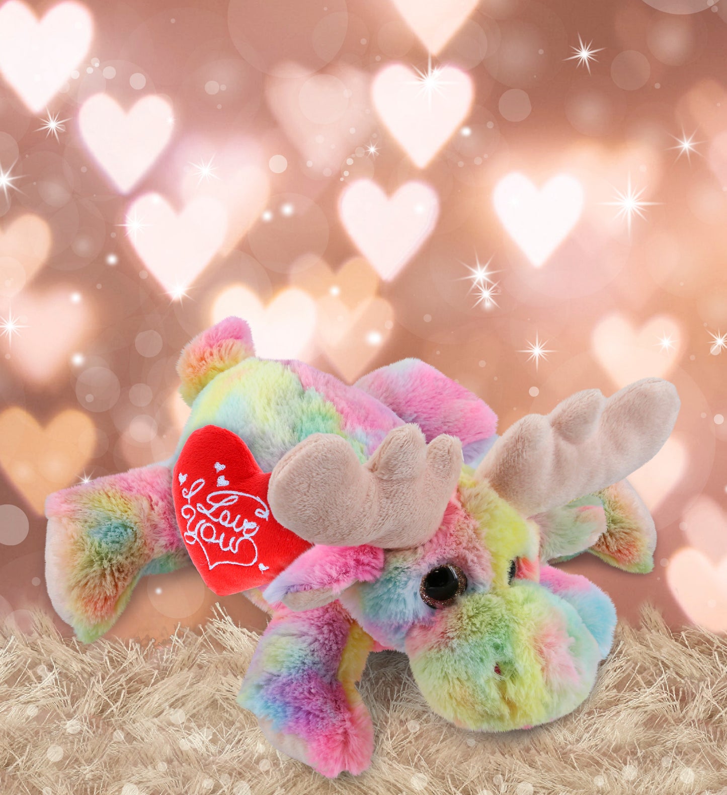 PLUSH I LOVE YOU RED HEART - SUPER-SOFT PLUSH - RAINBOW LYING MOOSE 9.5"