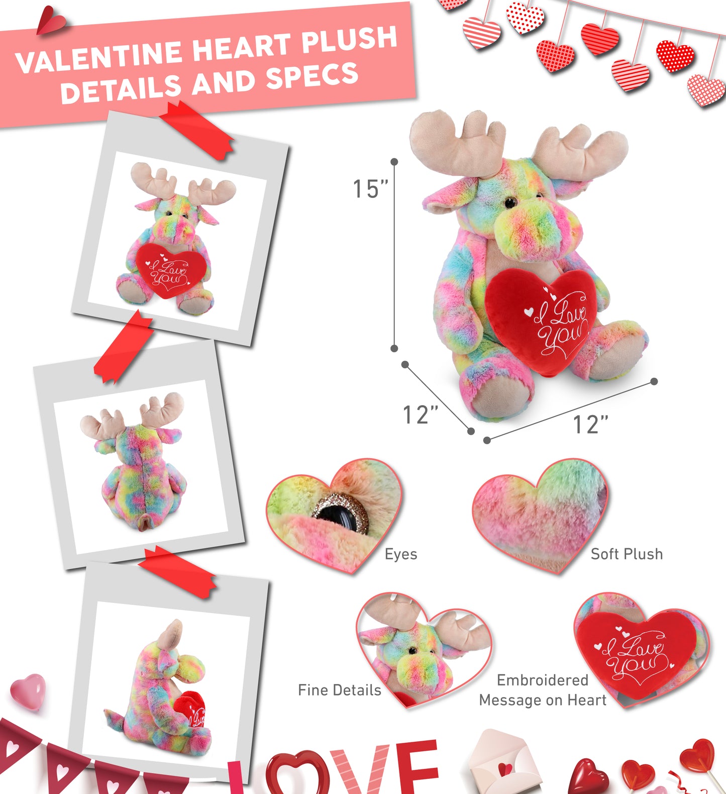 PLUSH PILLOW - I LOVE YOU RED HEART - 12 INCH - SUPER-SOFT PLUSH - RAINBOW MOOSE XL 15"