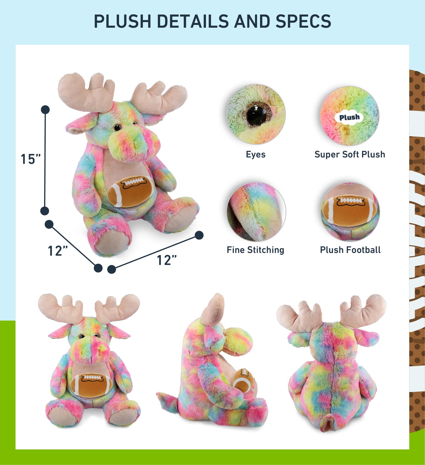 SUPER-SOFT PLUSH - RAINBOW MOOSE XL 15" WITH FOOTBALL PLUSH