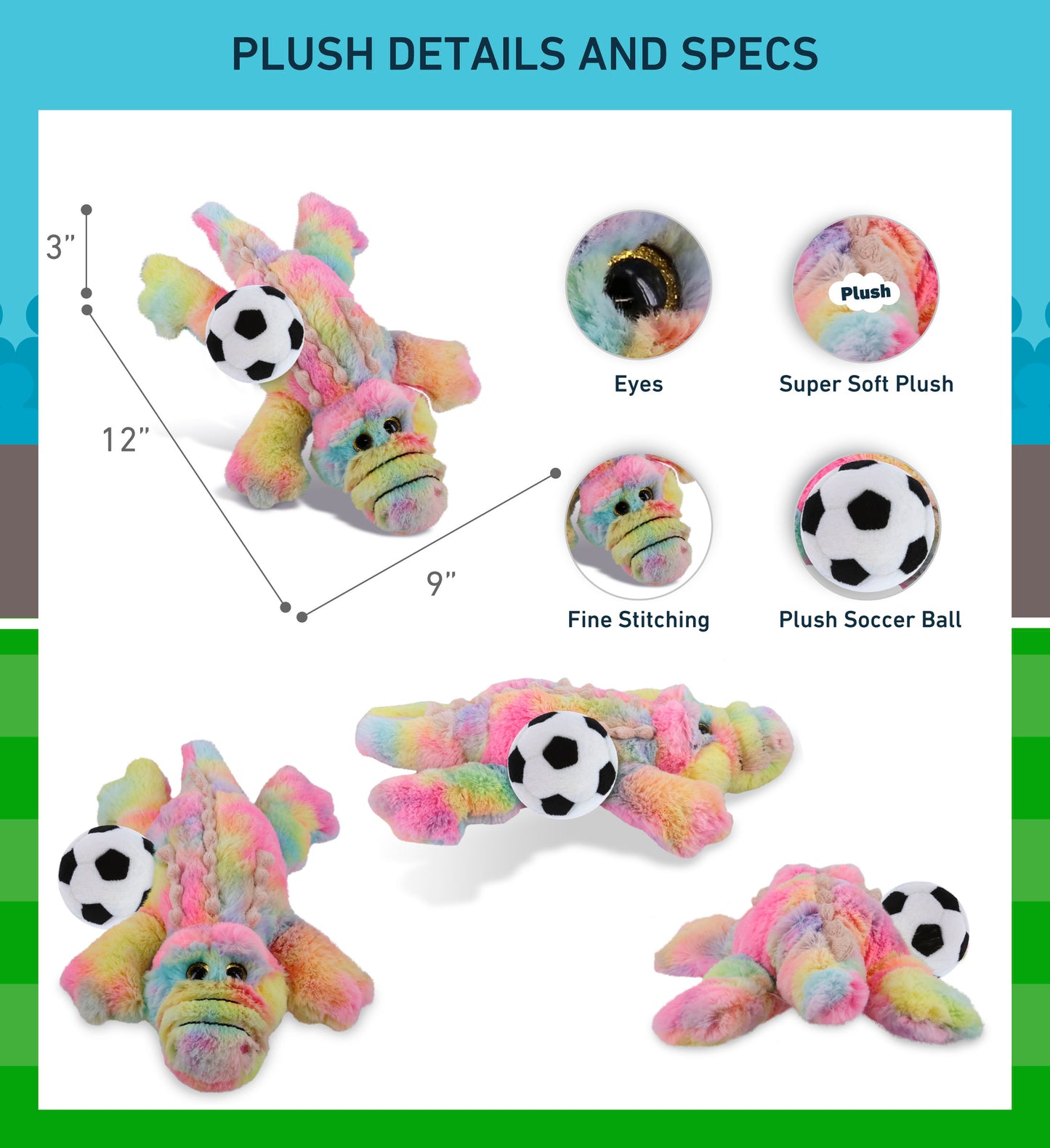 SUPER-SOFT PLUSH - RAINBOW ALLIGATOR SMALL 12" WITH SOCCER PLUSH