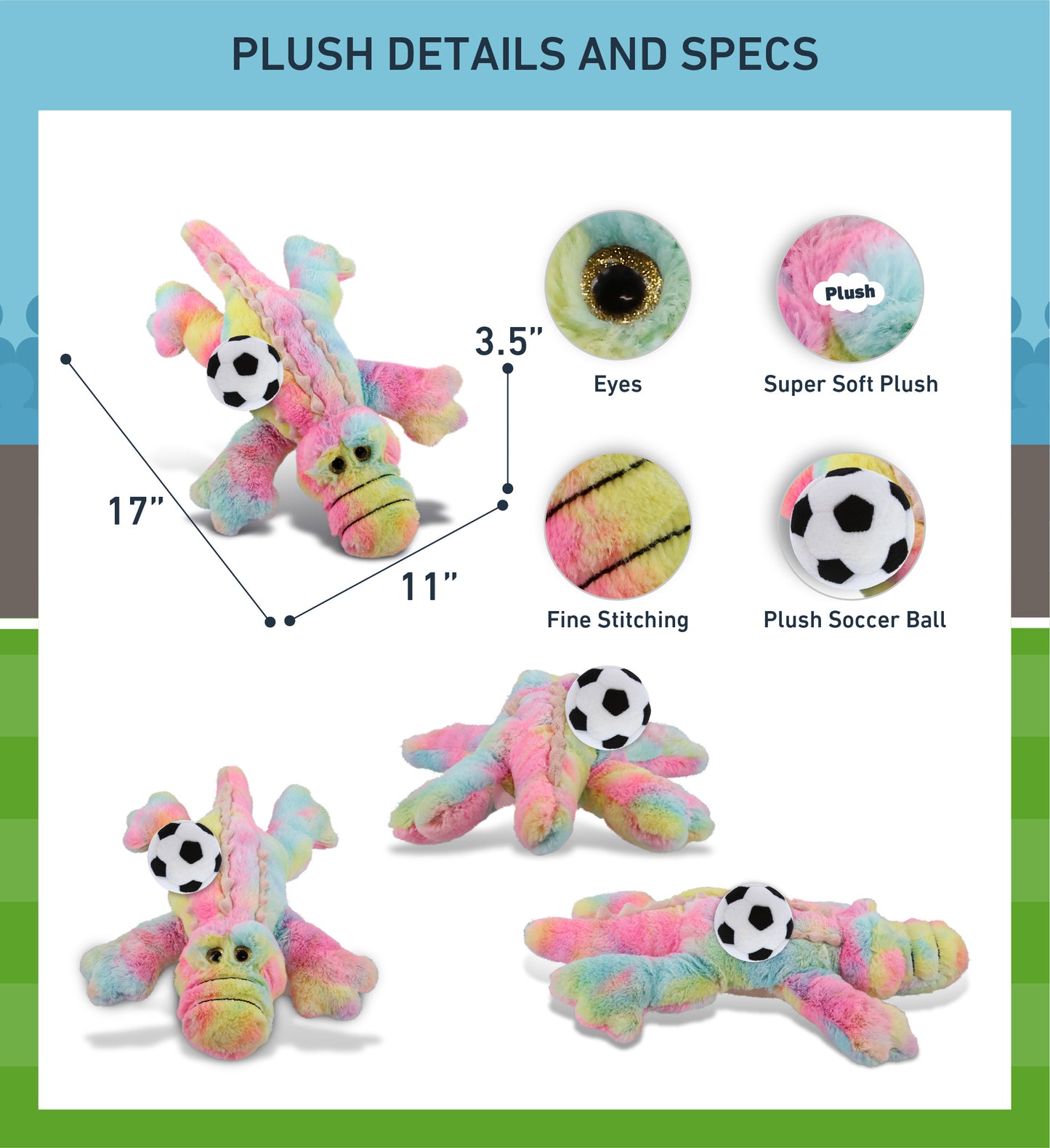 SUPER-SOFT PLUSH - RAINBOW ALLIGATOR LARGE 17" WITH SOCCER PLUSH