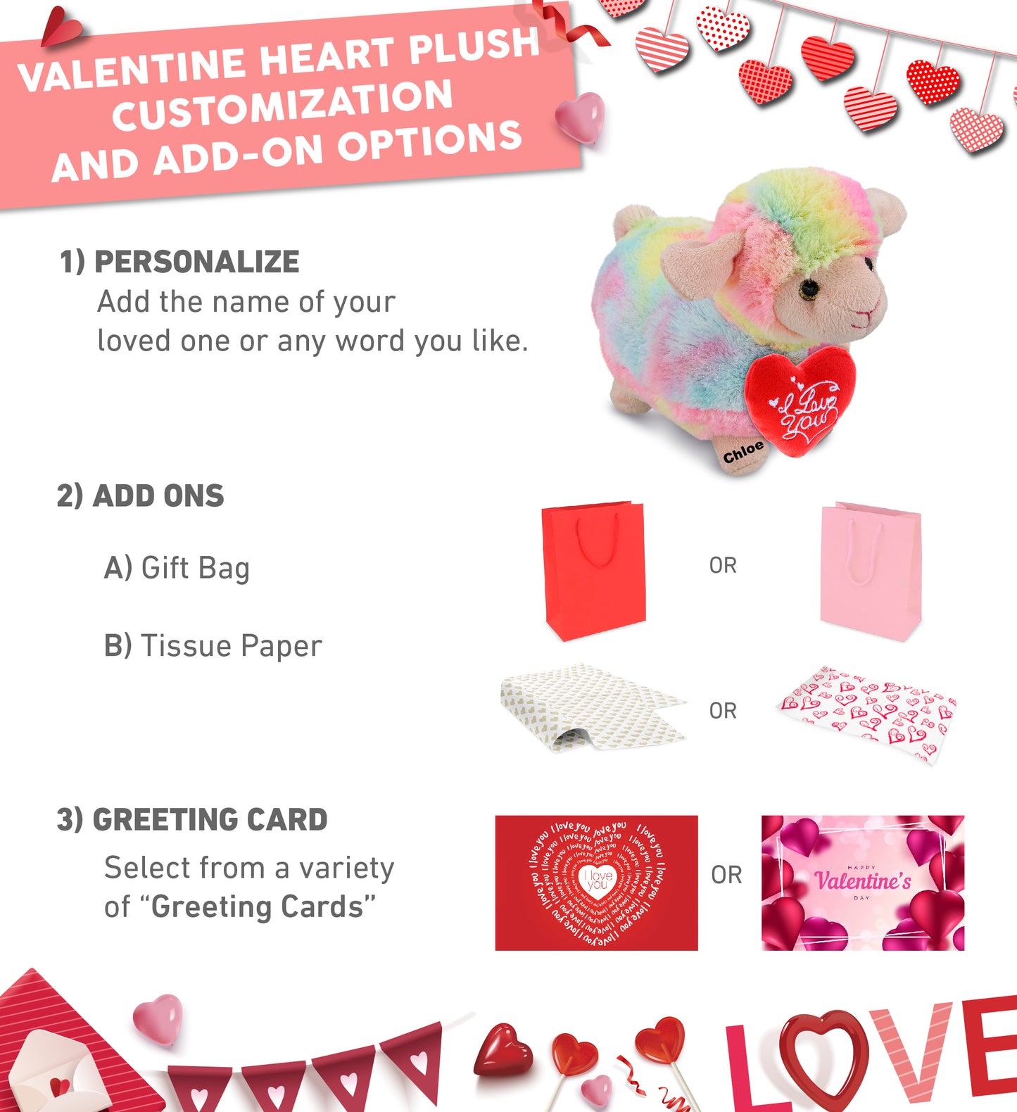 PLUSH I LOVE YOU RED HEART - SUPER-SOFT PLUSH - RAINBOW SHEEP 7"
