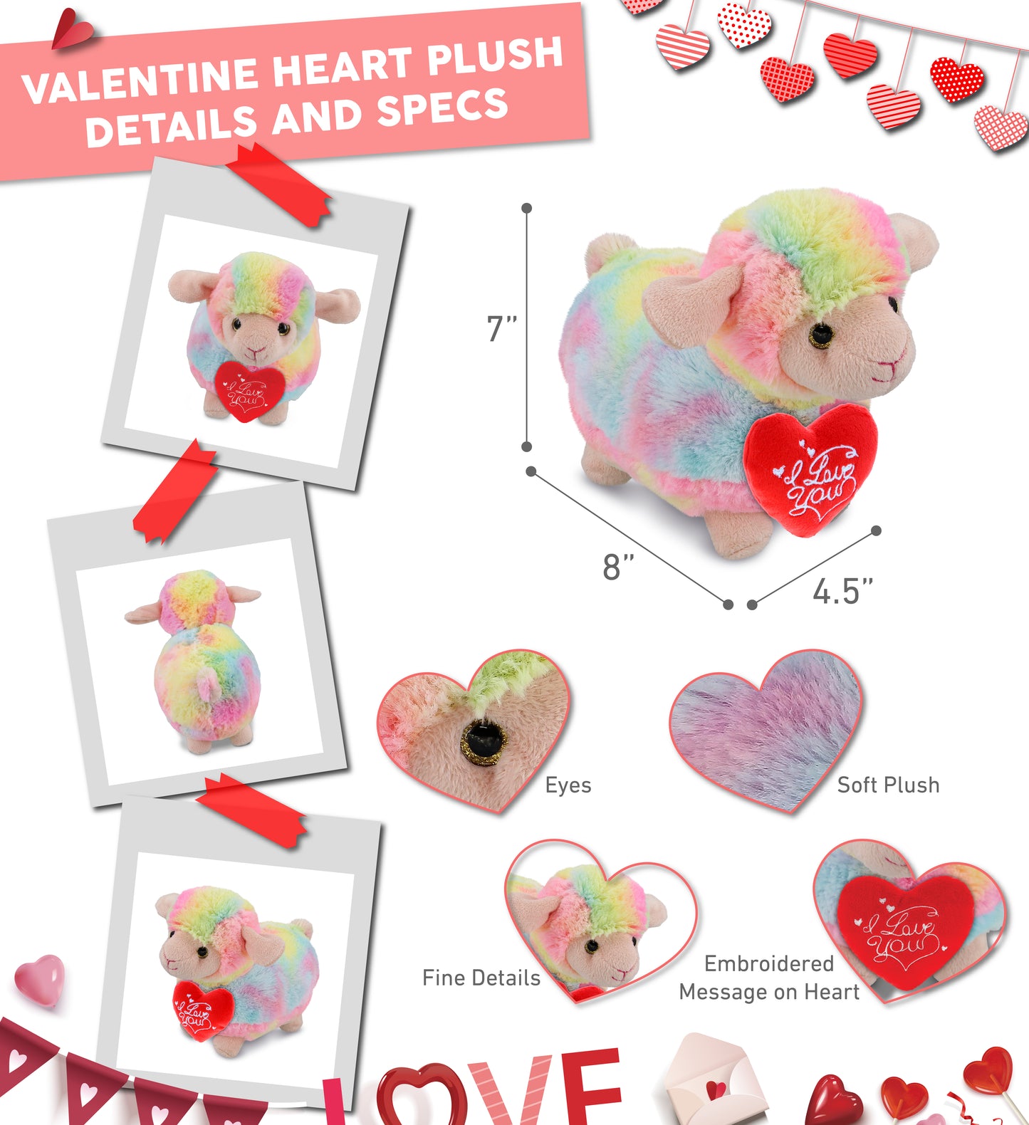 PLUSH I LOVE YOU RED HEART - SUPER-SOFT PLUSH - RAINBOW SHEEP 7"