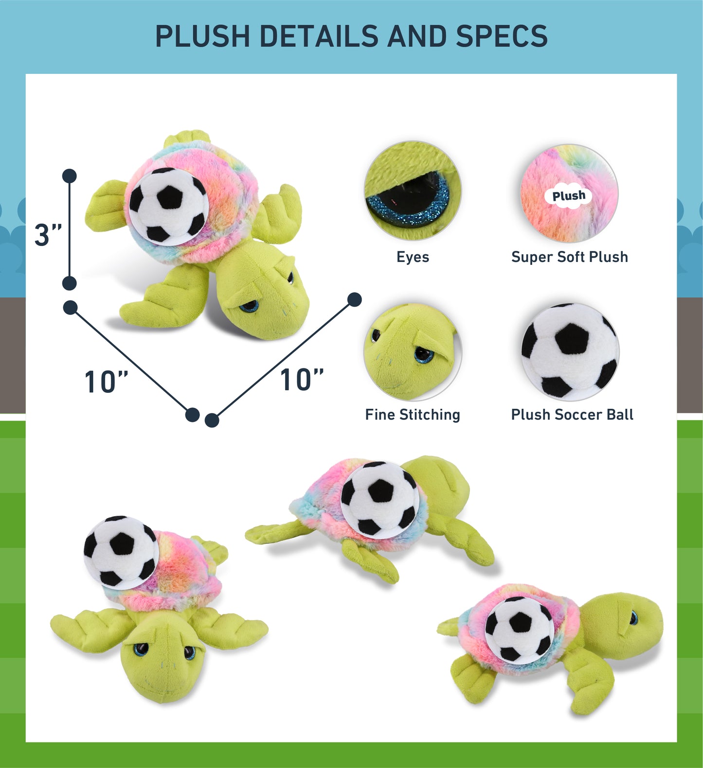 SUPER-SOFT PLUSH - RAINBOW GREEN SEA TURTLE 10" WITH SOCCER PLUSH