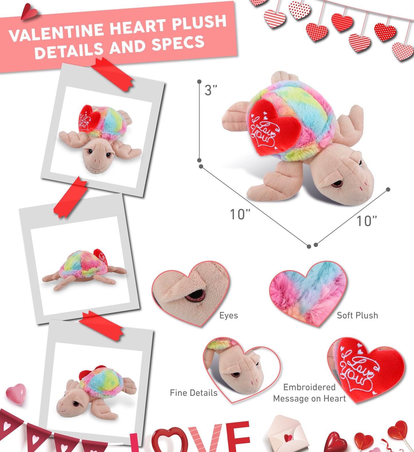PLUSH I LOVE YOU RED HEART - SUPER-SOFT PLUSH - RAINBOW PINK SEA TURTLE 10"
