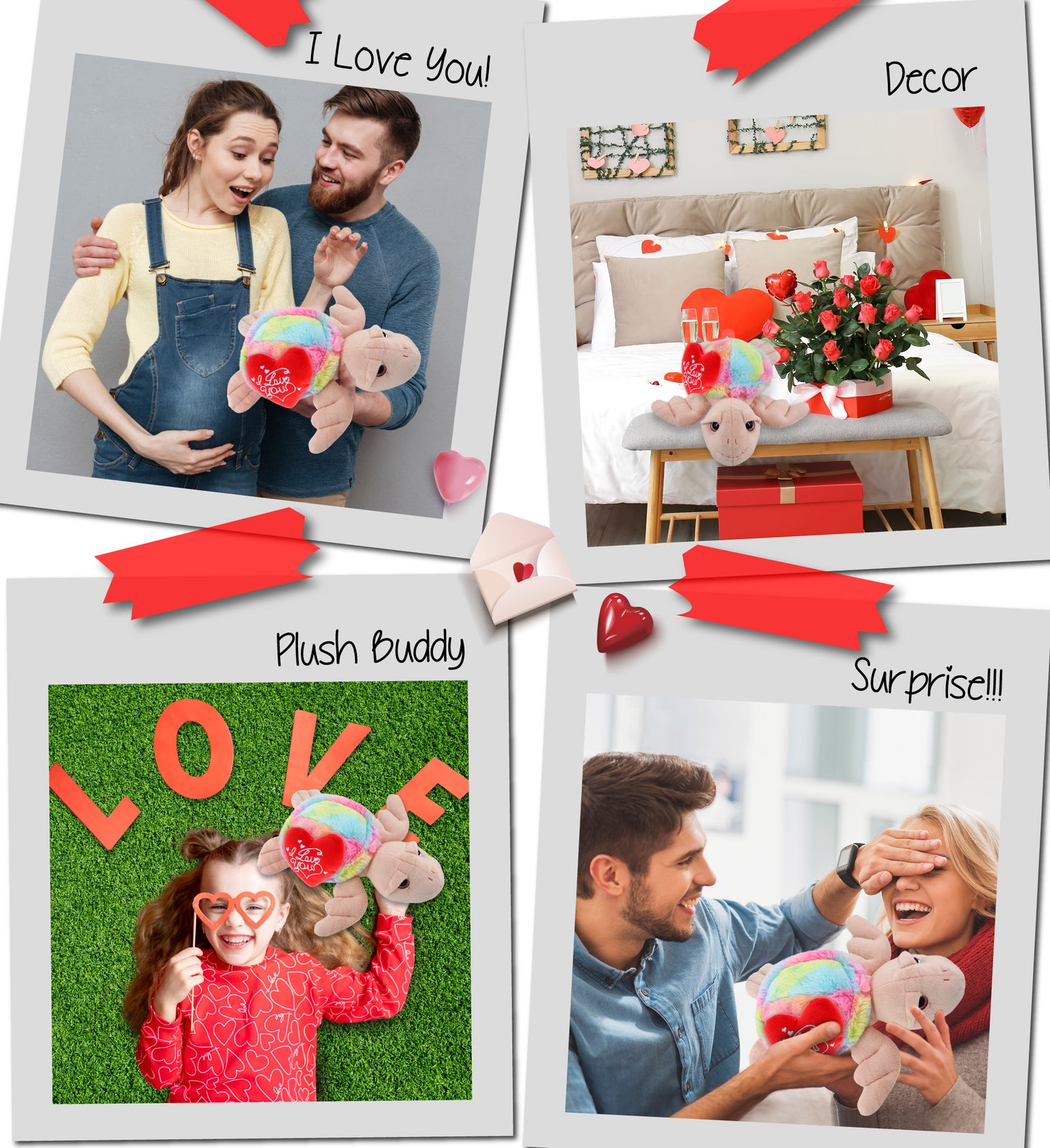 PLUSH I LOVE YOU RED HEART - SUPER-SOFT PLUSH - RAINBOW PINK SEA TURTLE 10"