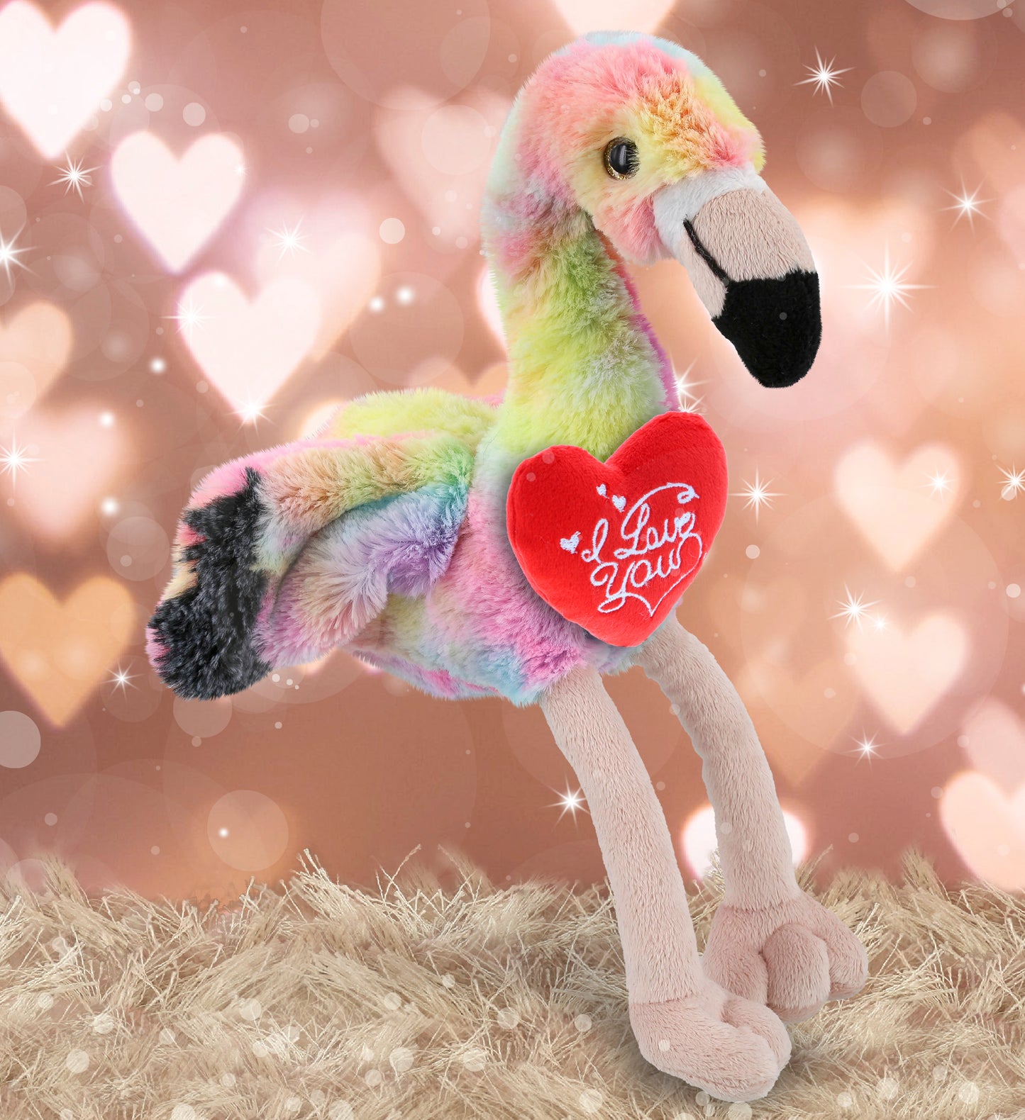 PLUSH I LOVE YOU RED HEART - SUPER-SOFT PLUSH - RAINBOW FLAMINGO 8"