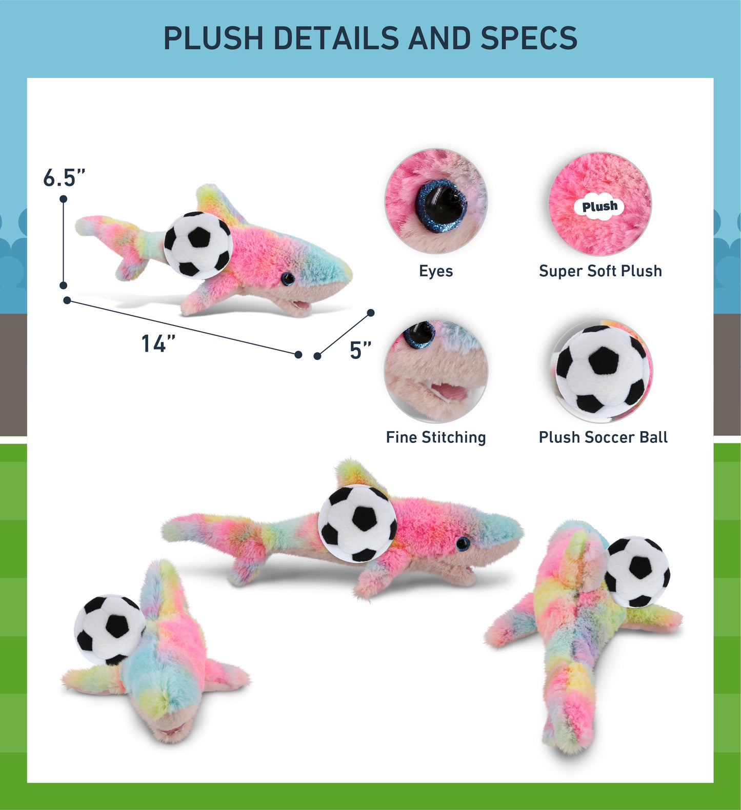 SUPER-SOFT PLUSH - RAINBOW SHARK SMALL 14" WITH SOCCER PLUSH