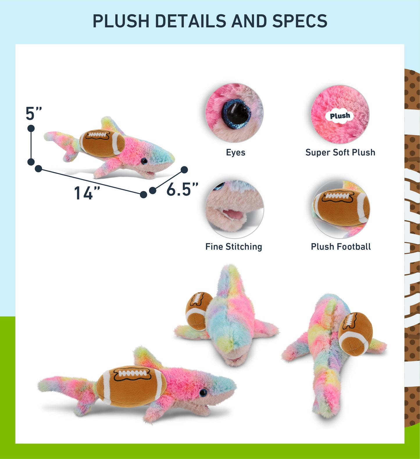 SUPER-SOFT PLUSH - RAINBOW SHARK SMALL 14" WITH FOOTBALL PLUSH