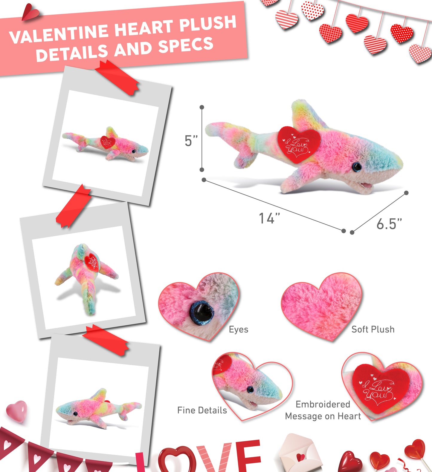 PLUSH I LOVE YOU RED HEART - SUPER-SOFT PLUSH - RAINBOW SHARK SMALL 14"