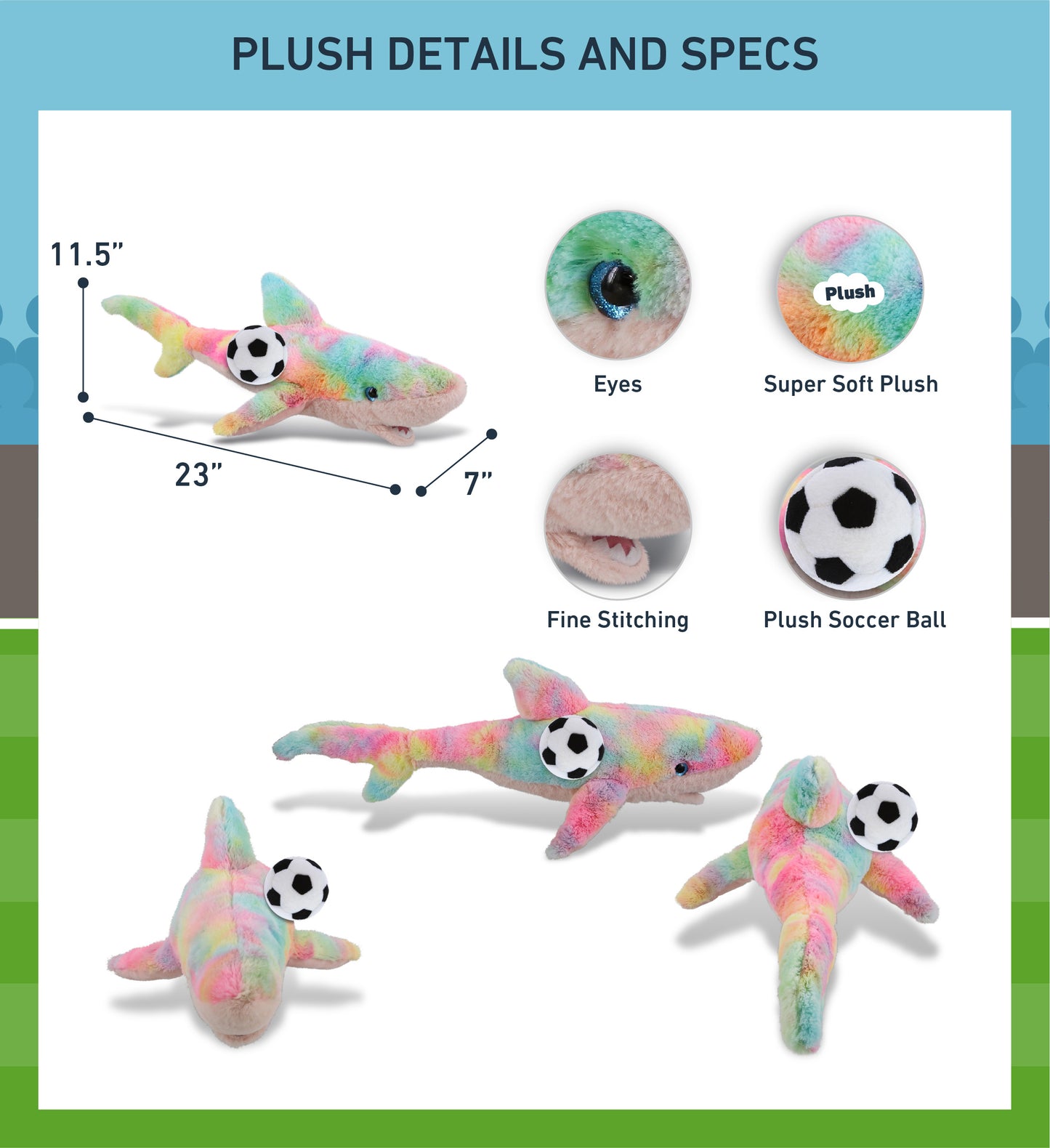 SUPER-SOFT PLUSH - RAINBOW SHARK LARGE 23" WITH SOCCER PLUSH