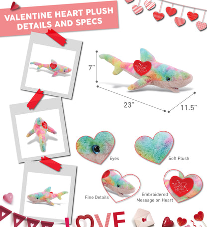 DolliBu I Love You Valentine Plush Large Rainbow Shark with Red Heart - 23 Inch