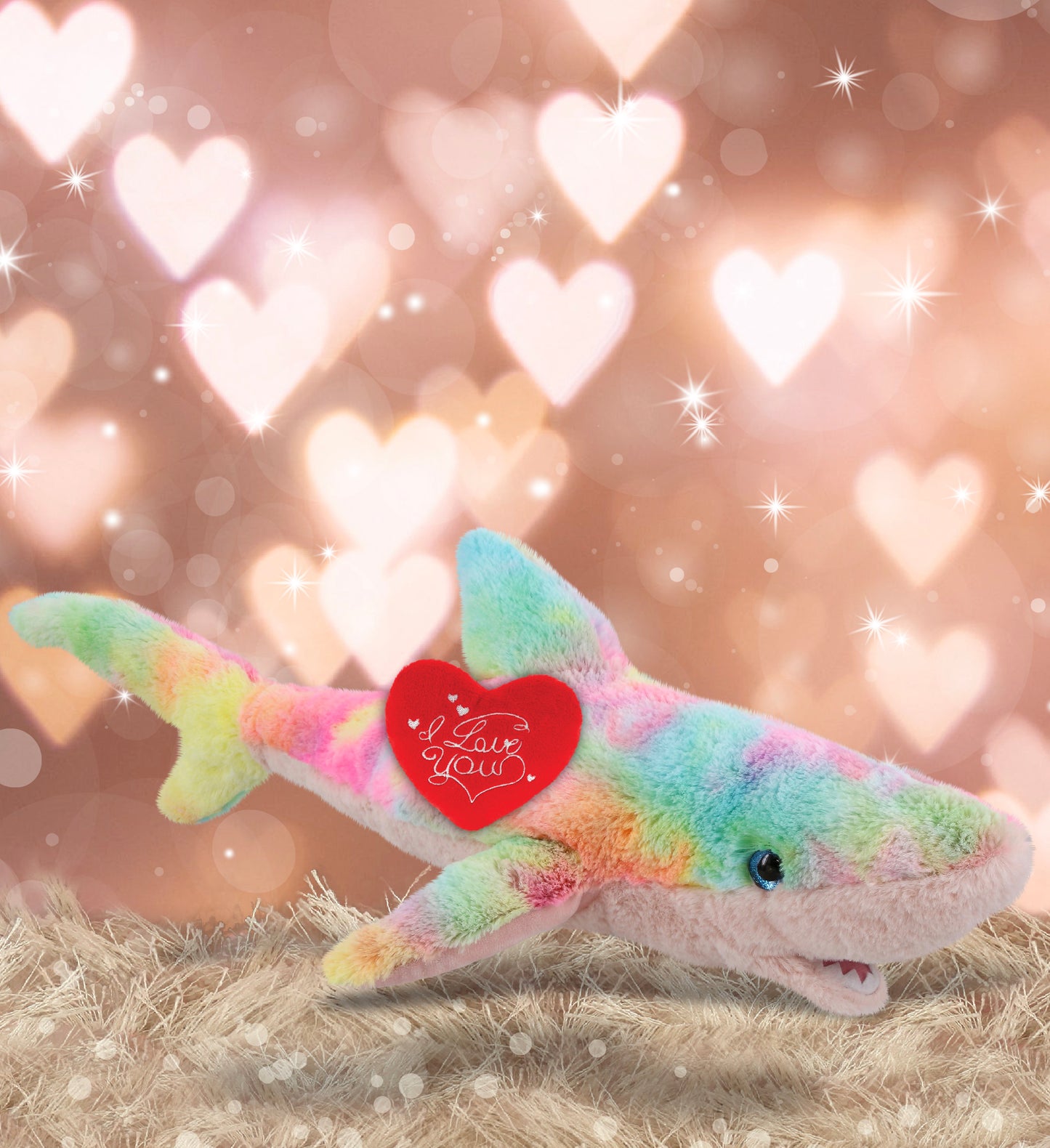 DolliBu I Love You Valentine Plush Large Rainbow Shark with Red Heart - 23 Inch