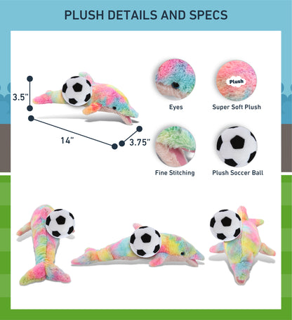 SUPER-SOFT PLUSH - RAINBOW DOLPHIN SMALL 14" WITH SOCCER PLUSH