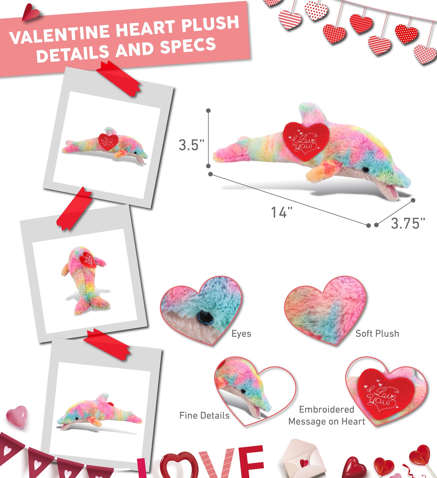 PLUSH I LOVE YOU RED HEART - SUPER-SOFT PLUSH - RAINBOW DOLPHIN SMALL 14"