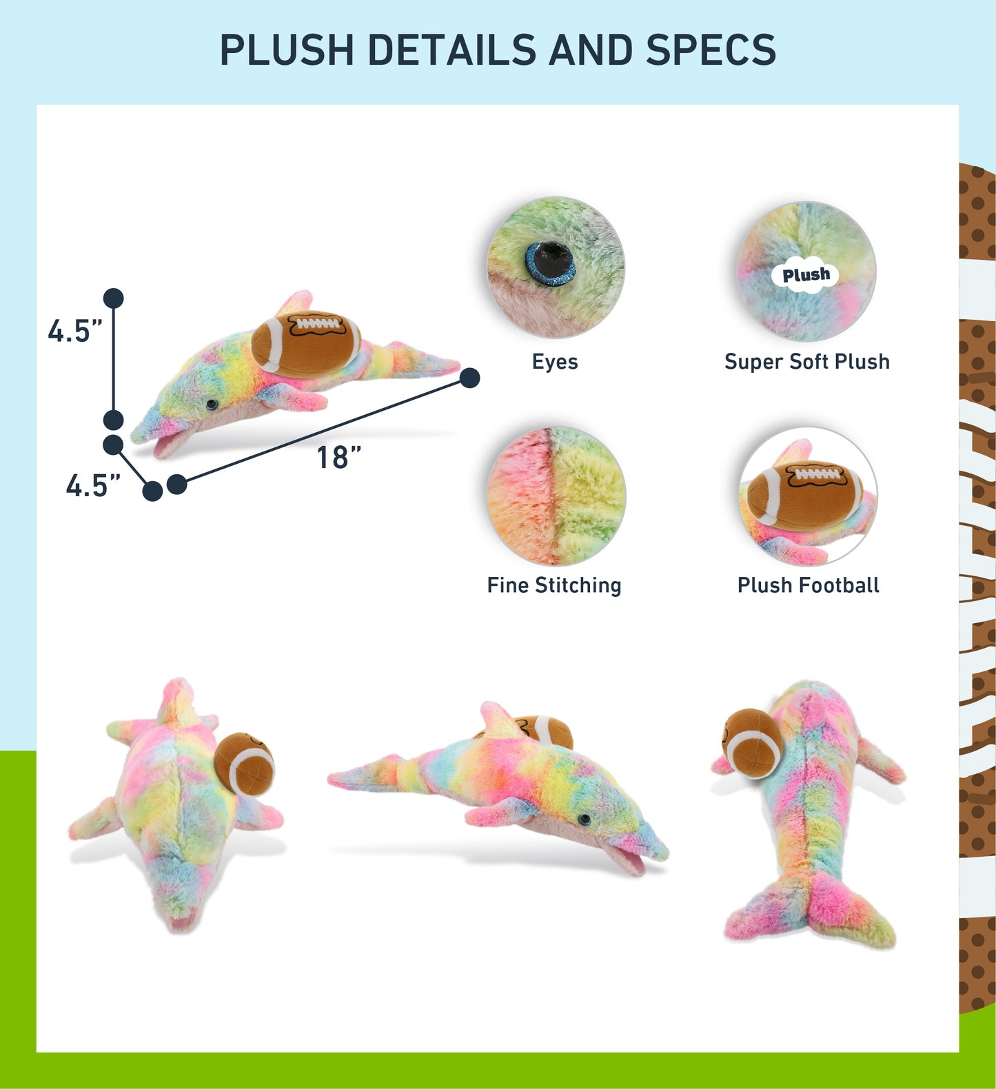 SUPER-SOFT PLUSH - RAINBOW DOLPHIN LARGE 18" WITH FOOTBALL PLUSH