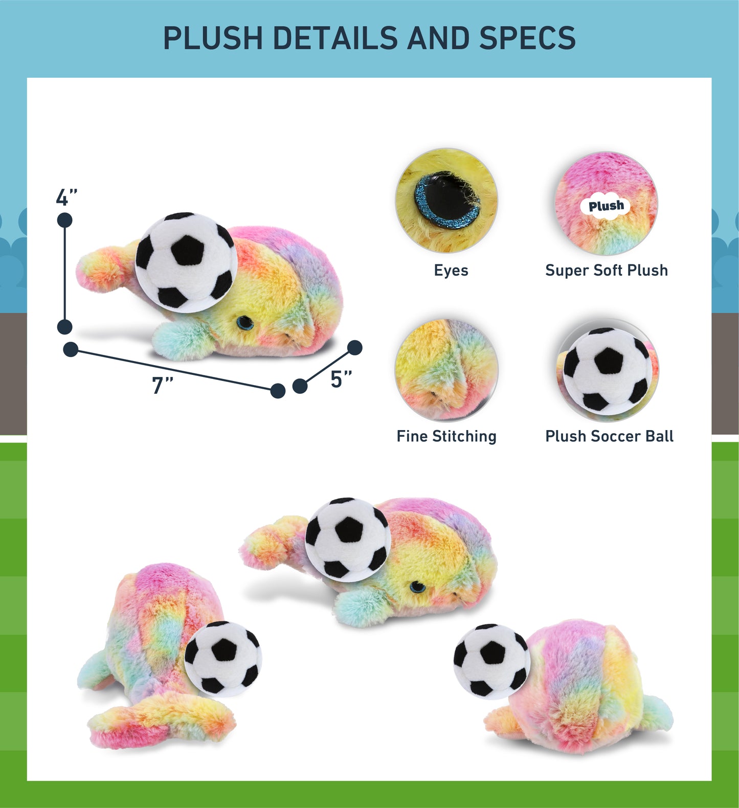 SUPER-SOFT PLUSH - RAINBOW WHALE SMALL 7" WITH SOCCER PLUSH