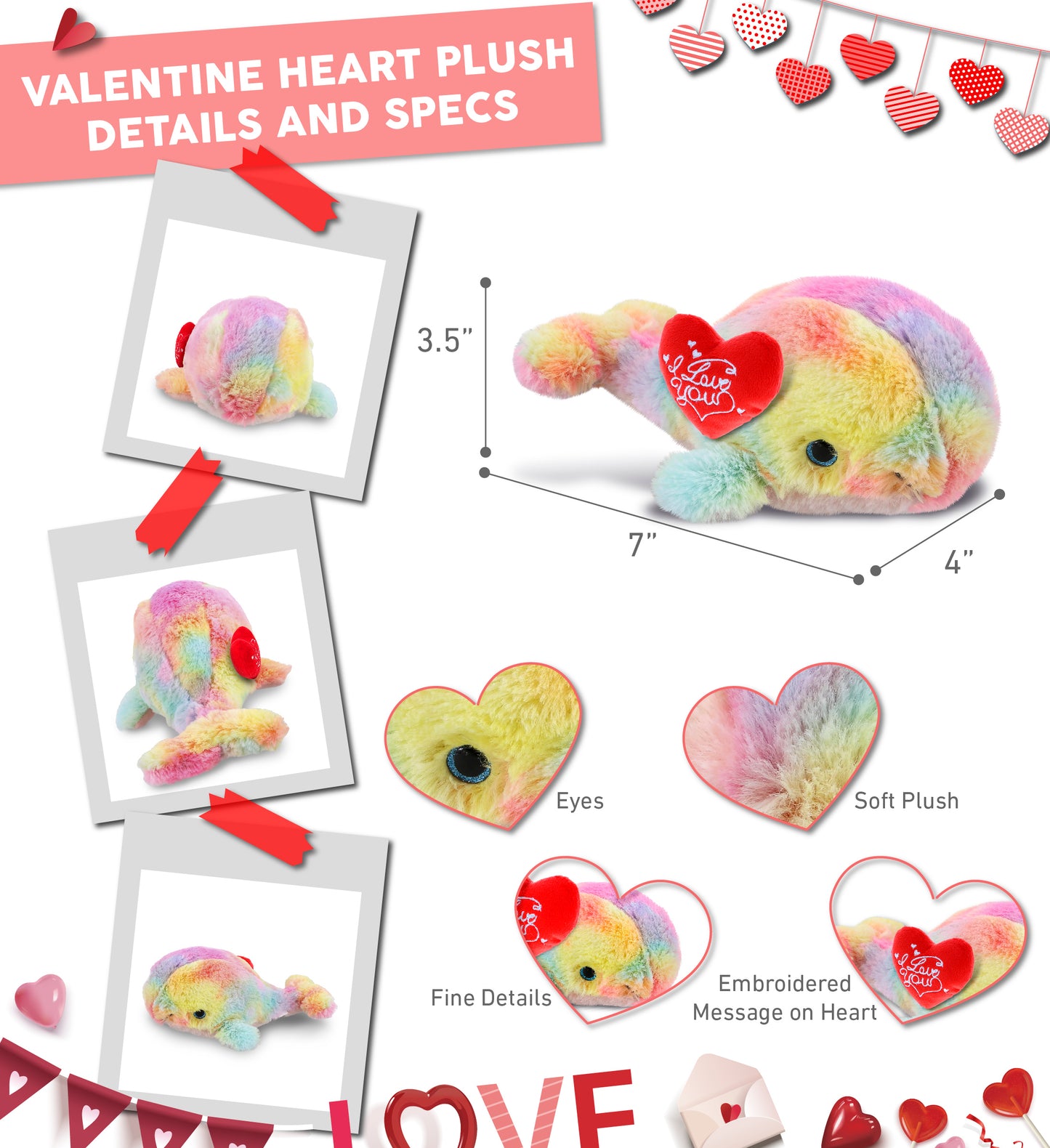PLUSH I LOVE YOU RED HEART - SUPER-SOFT PLUSH - RAINBOW WHALE SMALL 7"